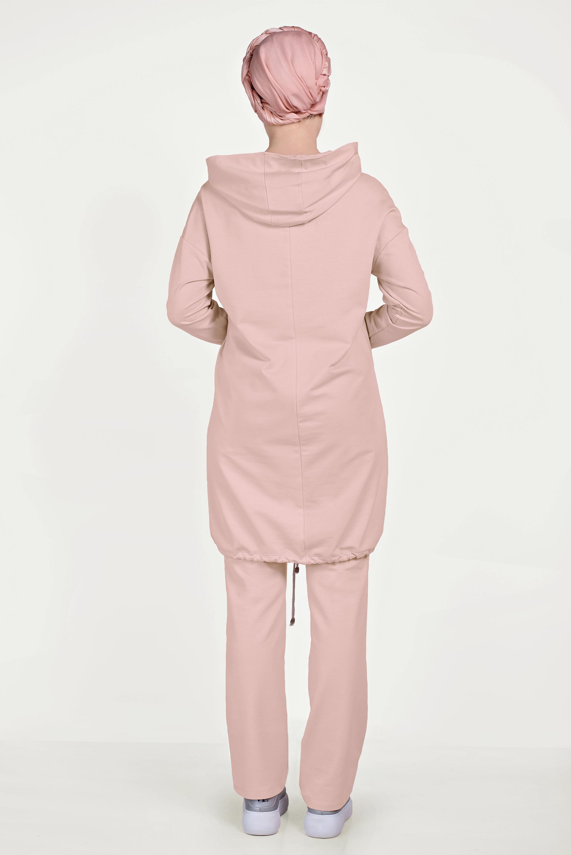 Tesettür giyim PUDRA ETEK UCU BÜZGÜLÜ PAMUKLU EŞOFMAN TAKIMI 40478