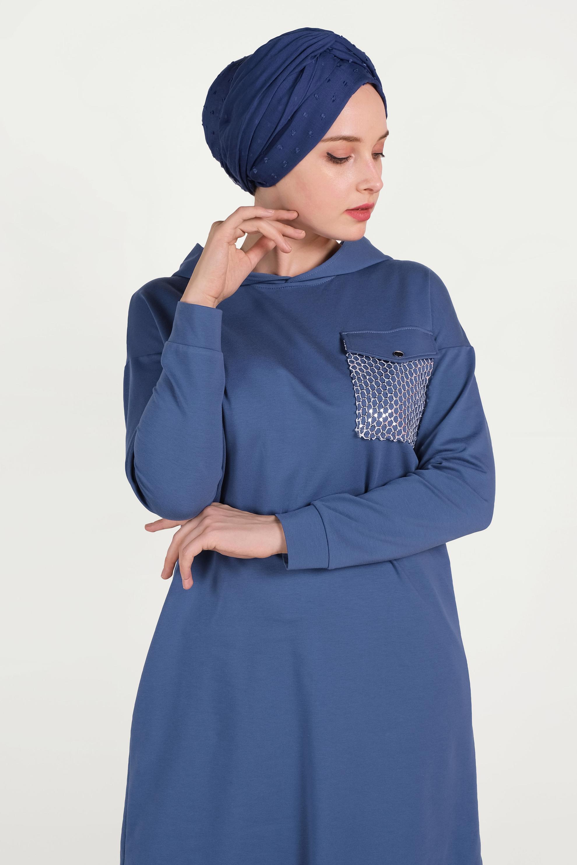 Tesettür giyim LACİVERT ETEK UCU BÜZGÜLÜ PAMUKLU EŞOFMAN TAKIMI 40478