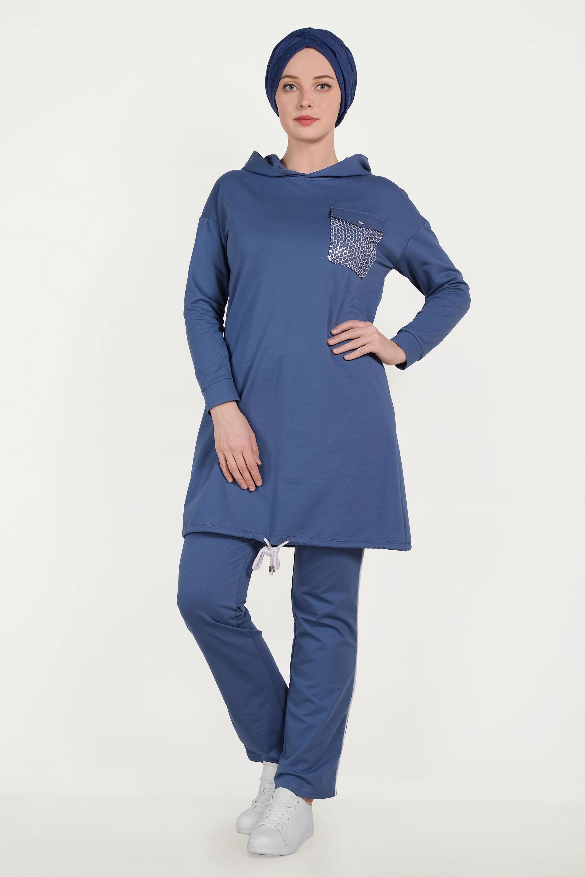 Tesettür giyim LACİVERT ETEK UCU BÜZGÜLÜ PAMUKLU EŞOFMAN TAKIMI 40478