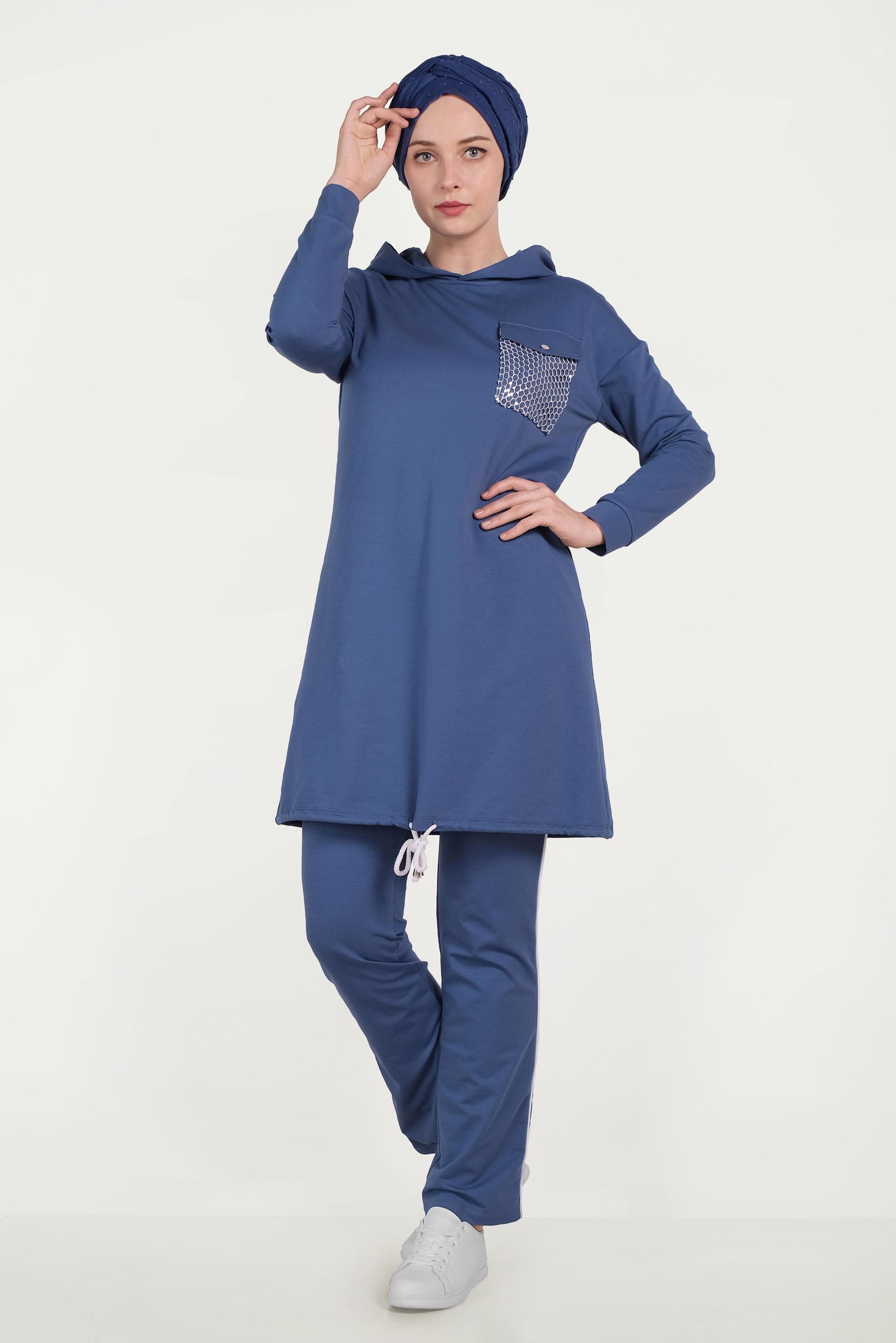Tesettür giyim LACİVERT ETEK UCU BÜZGÜLÜ PAMUKLU EŞOFMAN TAKIMI 40478