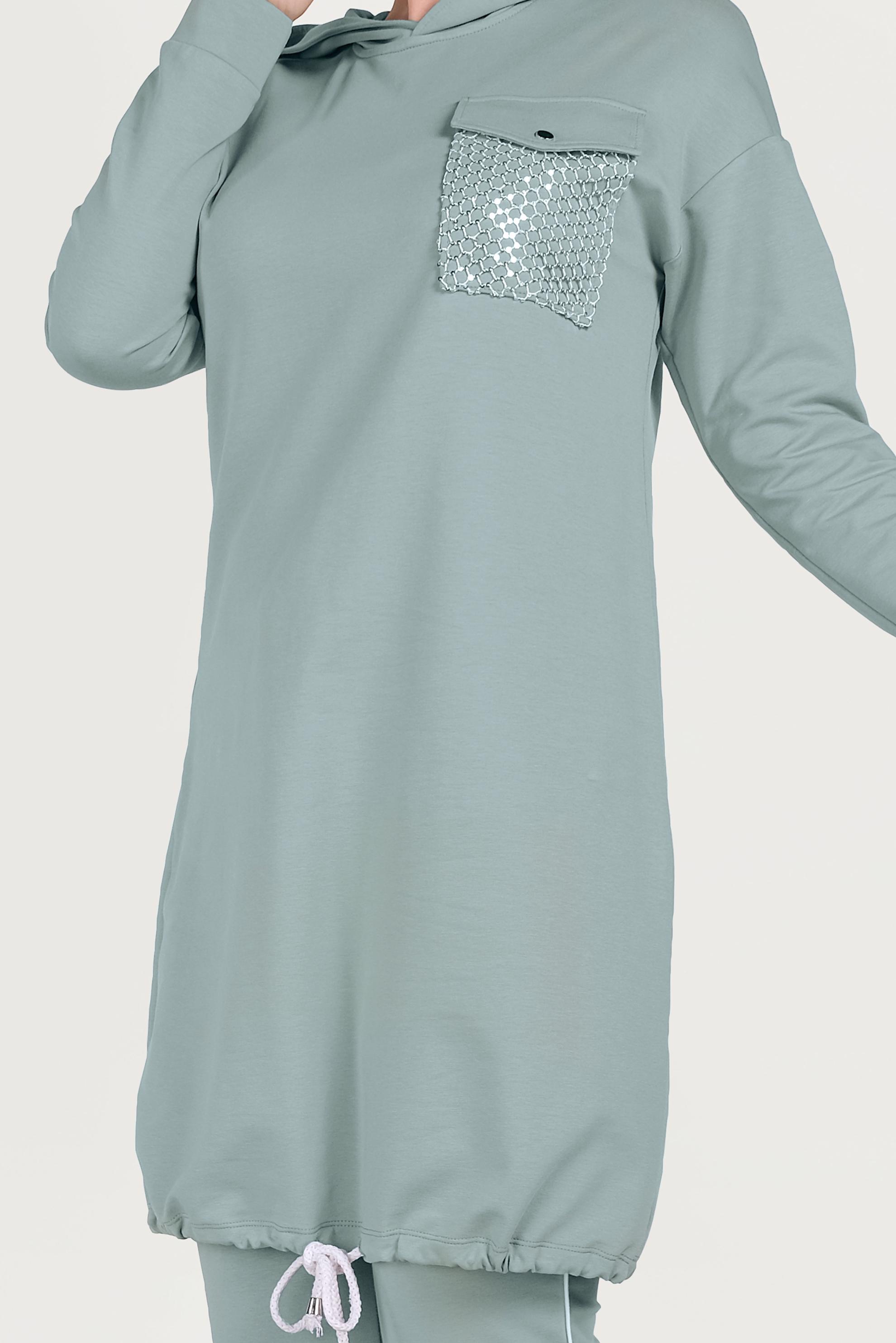 Tesettür giyim YEŞİL ETEK UCU BÜZGÜLÜ PAMUKLU EŞOFMAN TAKIMI 40478