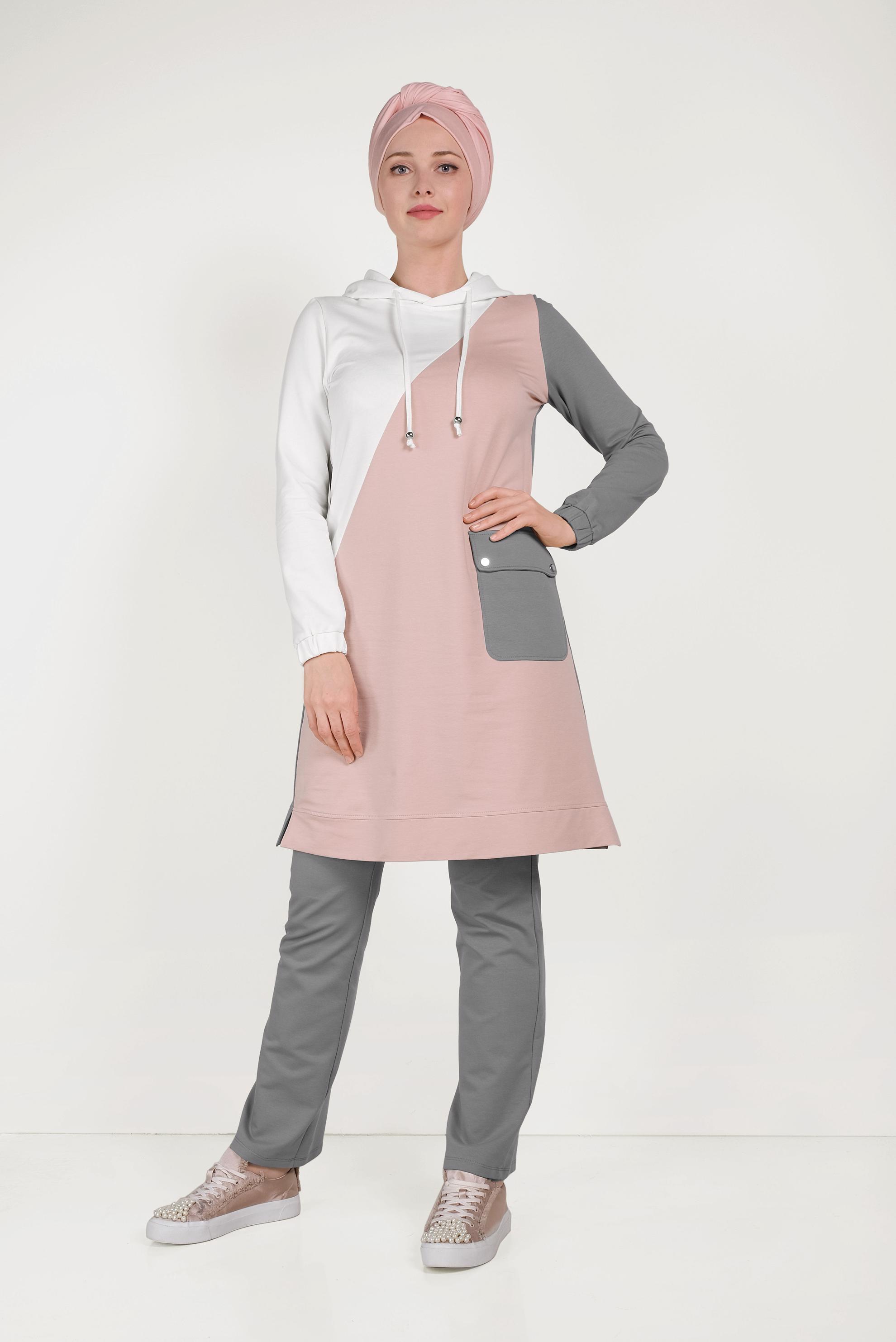 Tesettür giyim GRİ CEP DETAYLI İKİLİ PANTOLONLU EŞOFMAN TAKIMI 40488