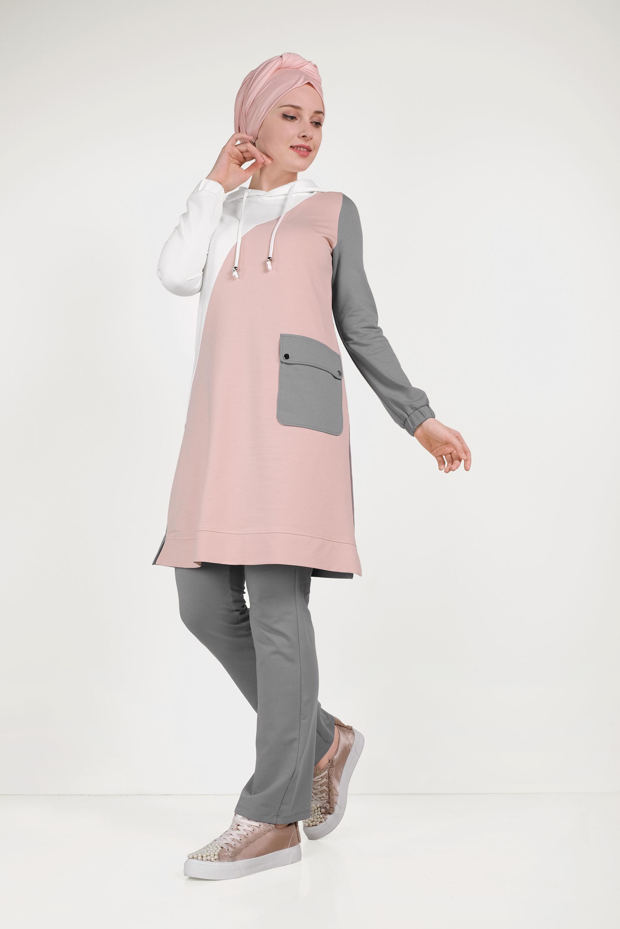Tesettür giyim GRİ CEP DETAYLI İKİLİ PANTOLONLU EŞOFMAN TAKIMI 40488