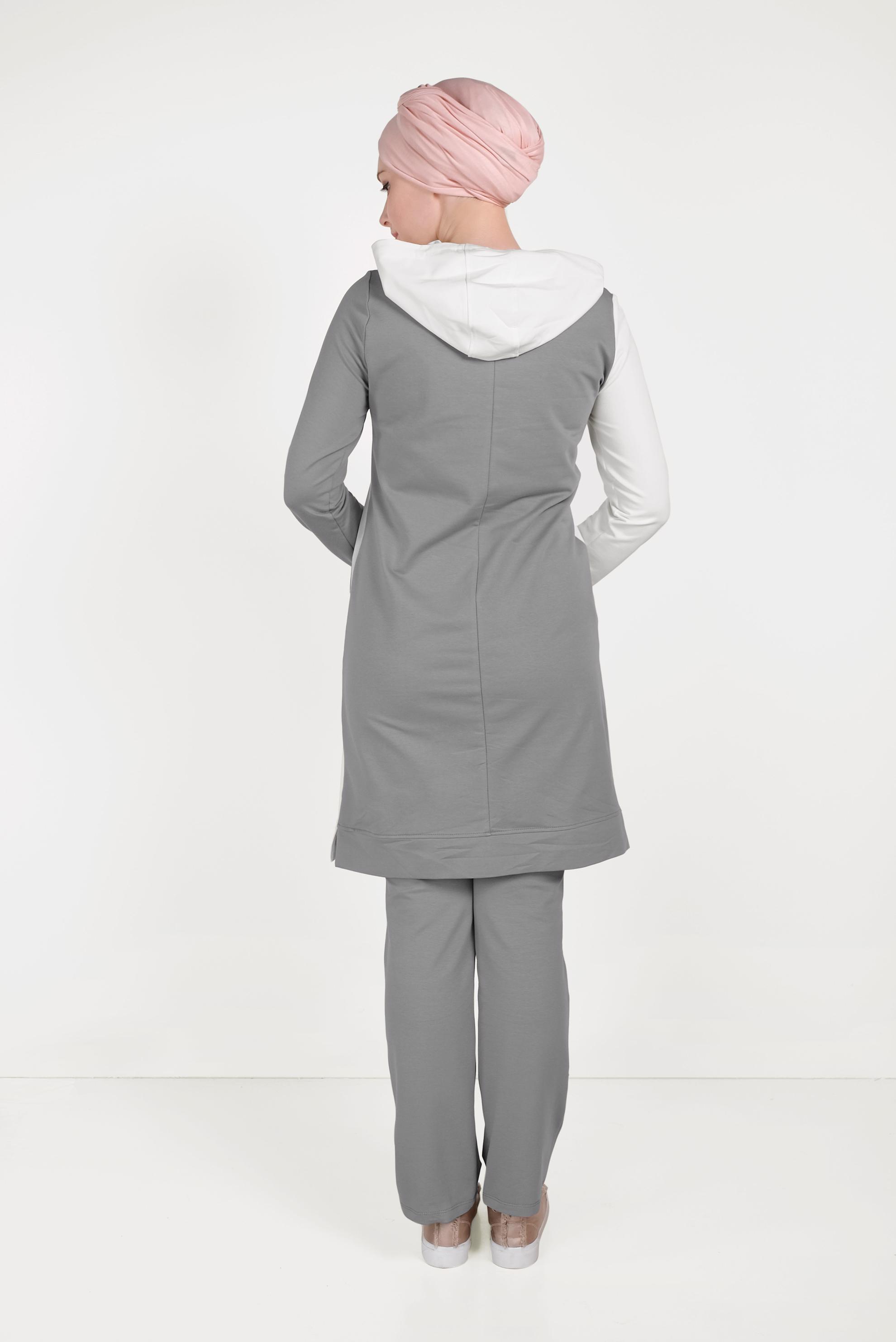 Tesettür giyim GRİ CEP DETAYLI İKİLİ PANTOLONLU EŞOFMAN TAKIMI 40488