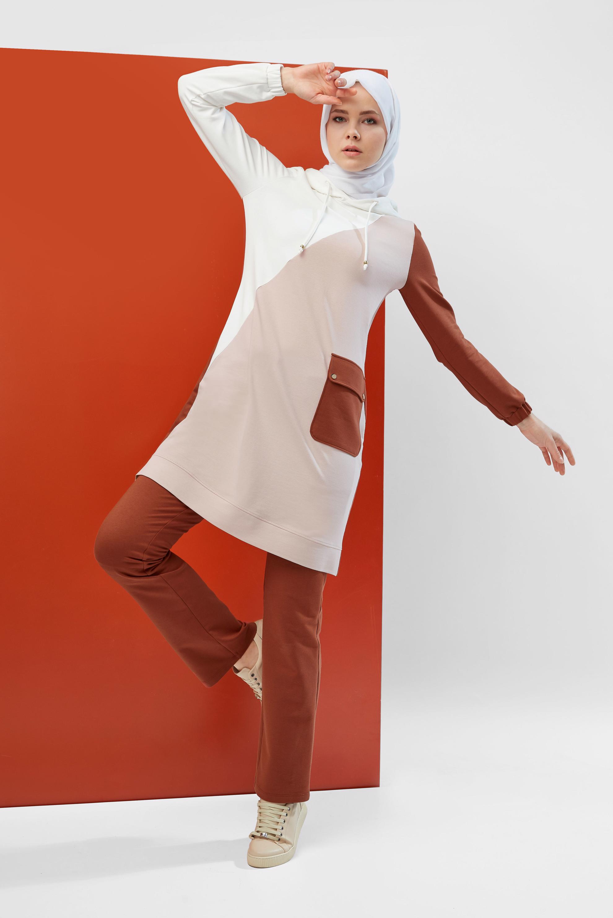 Tesettür giyim TURUNCU CEP DETAYLI İKİLİ PANTOLONLU EŞOFMAN TAKIMI 40488