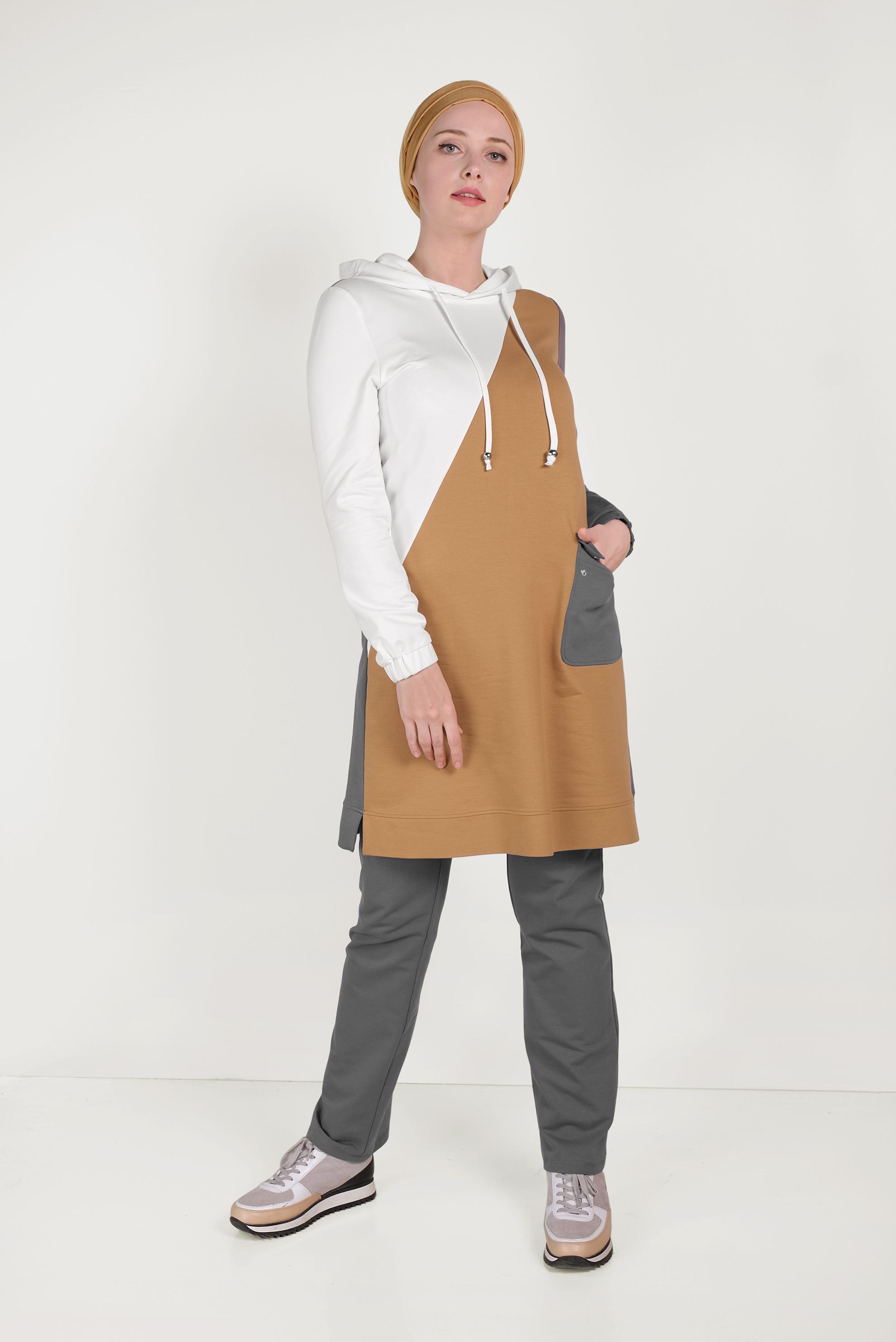 Tesettür giyim GRİ CEP DETAYLI İKİLİ PANTOLONLU EŞOFMAN TAKIMI 40488