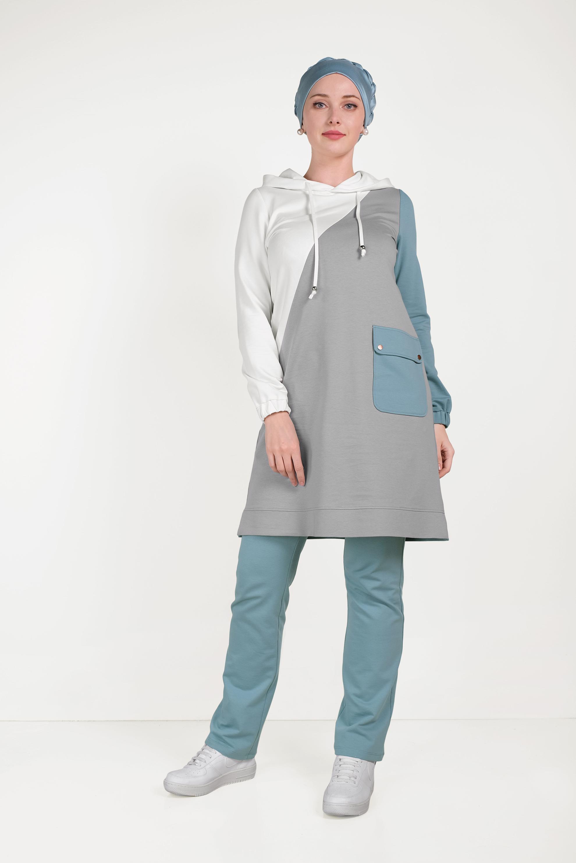 Tesettür giyim MAVİ CEP DETAYLI İKİLİ PANTOLONLU EŞOFMAN TAKIMI 40488