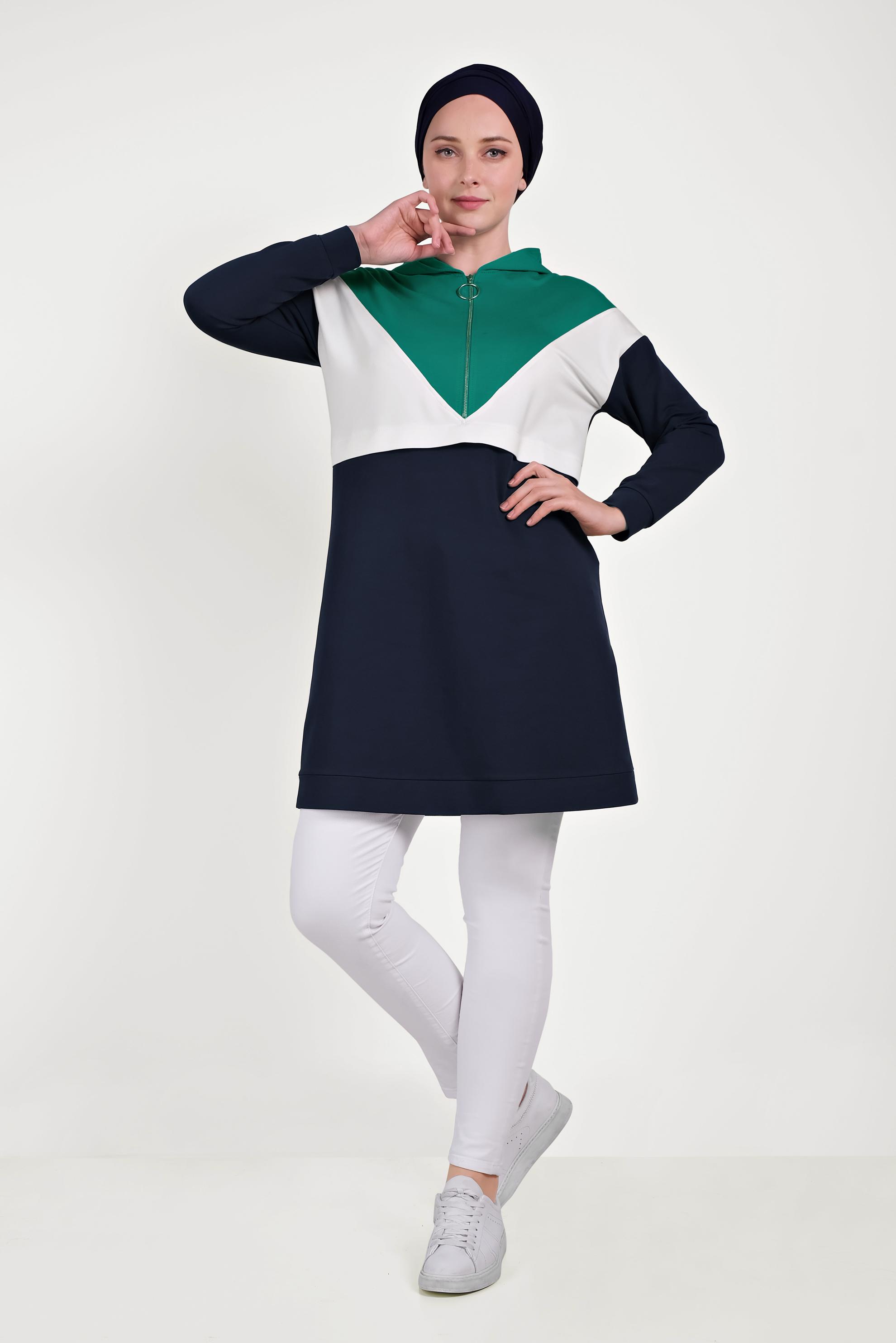 Tesettür giyim LACİVERT 3 RENKLİ FERMUARLI EŞOFMAN TUNİK 40489