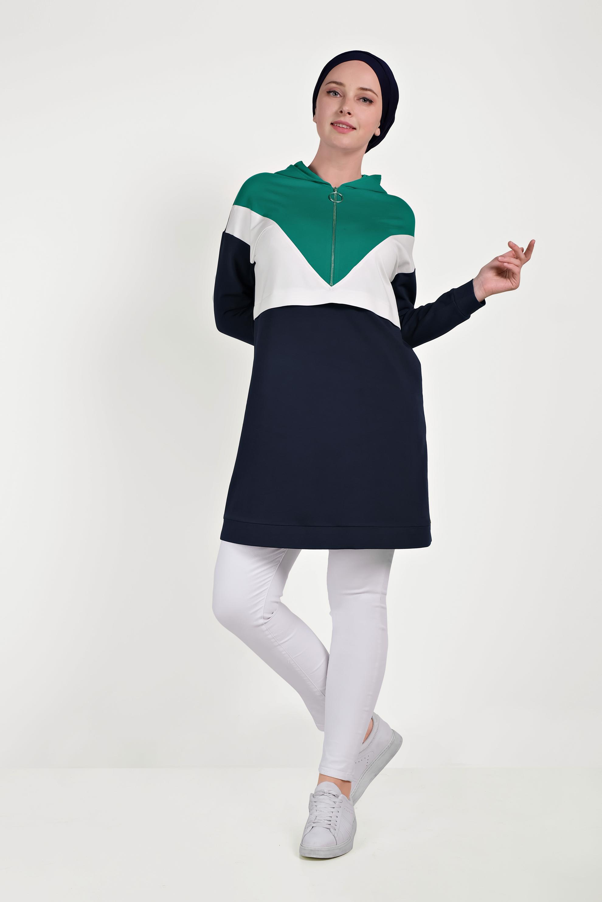 Tesettür giyim LACİVERT 3 RENKLİ FERMUARLI EŞOFMAN TUNİK 40489