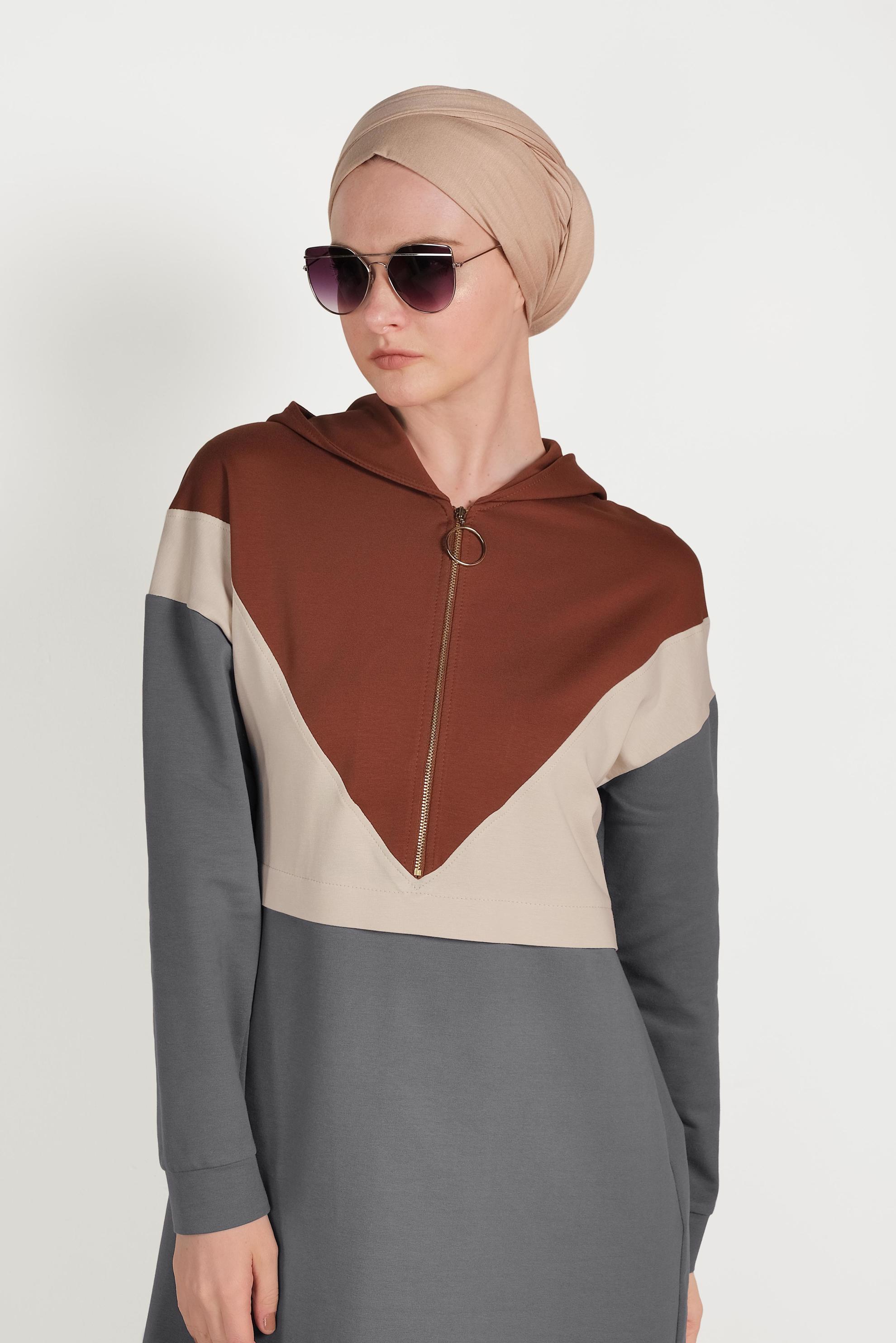 Tesettür giyim GRİ 3 RENKLİ FERMUARLI EŞOFMAN TUNİK 40489