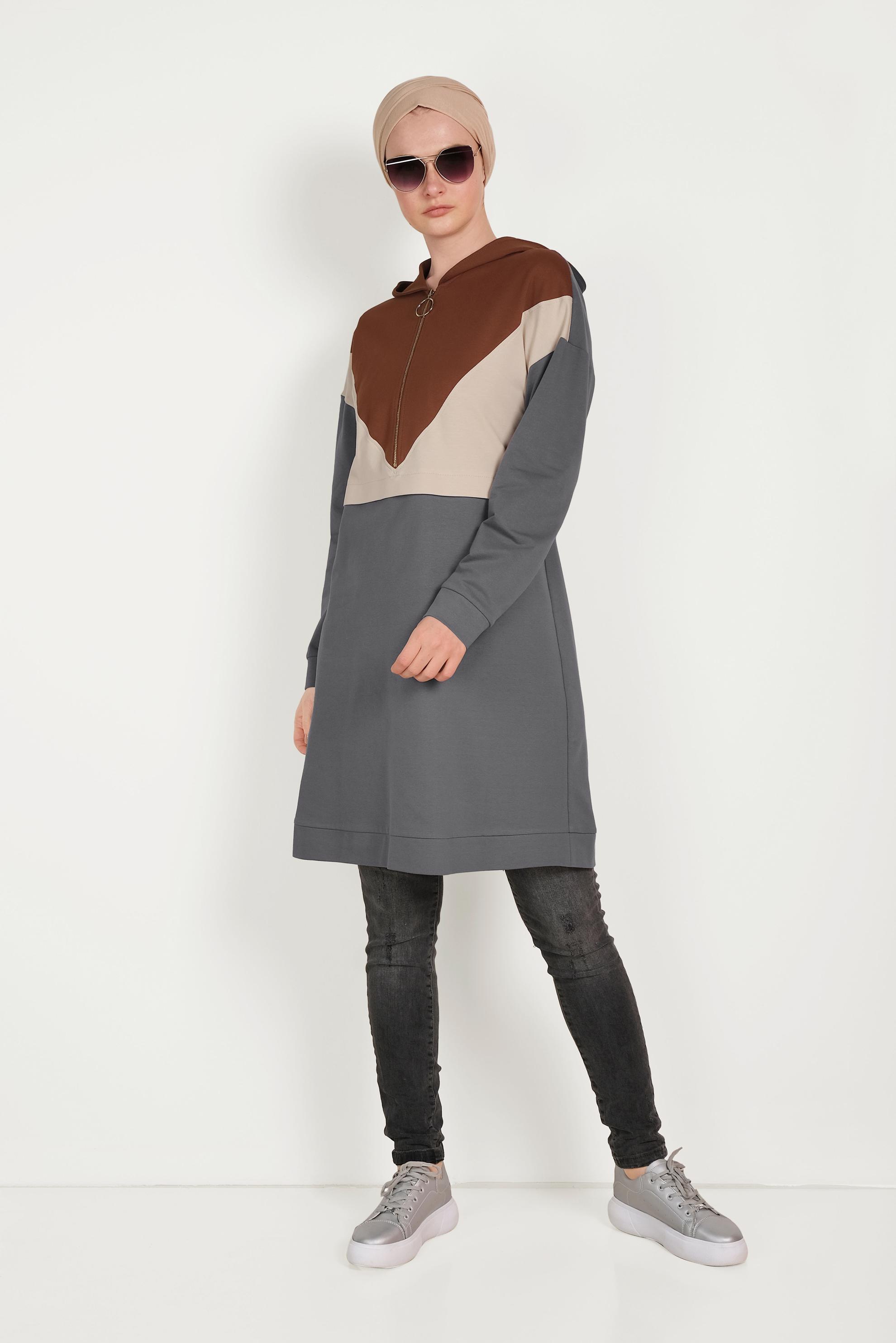 Tesettür giyim GRİ 3 RENKLİ FERMUARLI EŞOFMAN TUNİK 40489