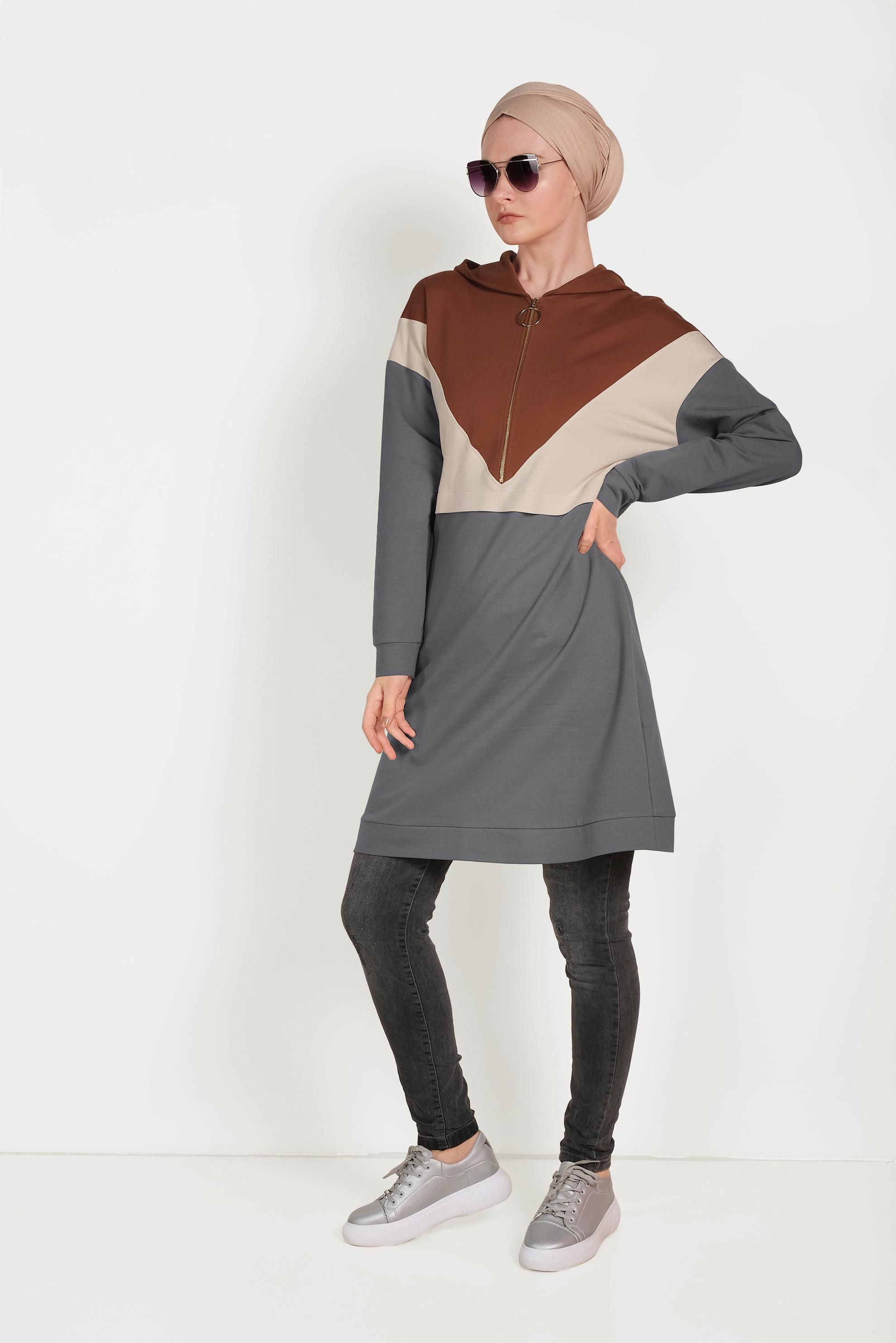 Tesettür giyim GRİ 3 RENKLİ FERMUARLI EŞOFMAN TUNİK 40489