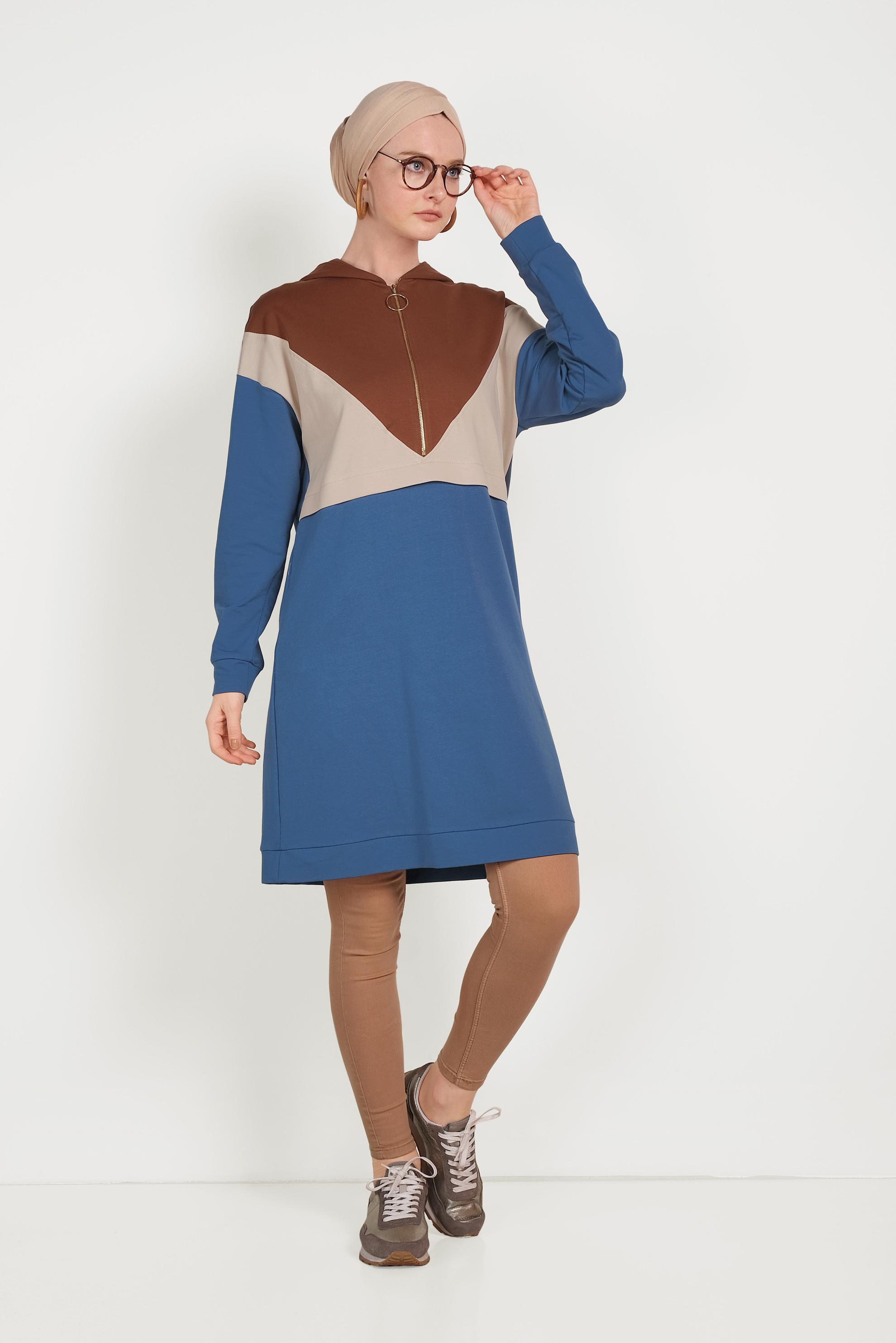 Tesettür giyim LACİVERT 3 RENKLİ FERMUARLI EŞOFMAN TUNİK 40489