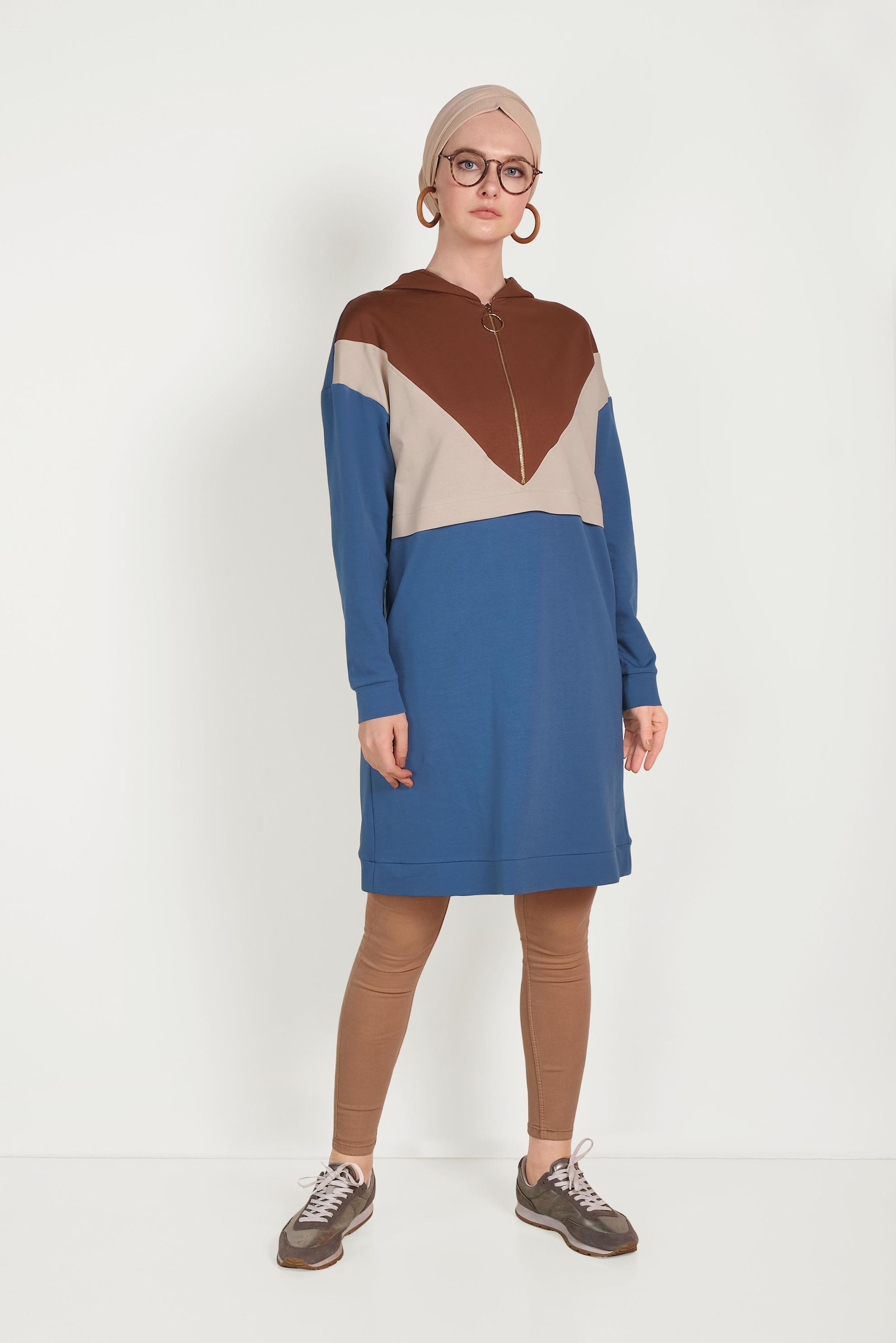 Tesettür giyim LACİVERT 3 RENKLİ FERMUARLI EŞOFMAN TUNİK 40489