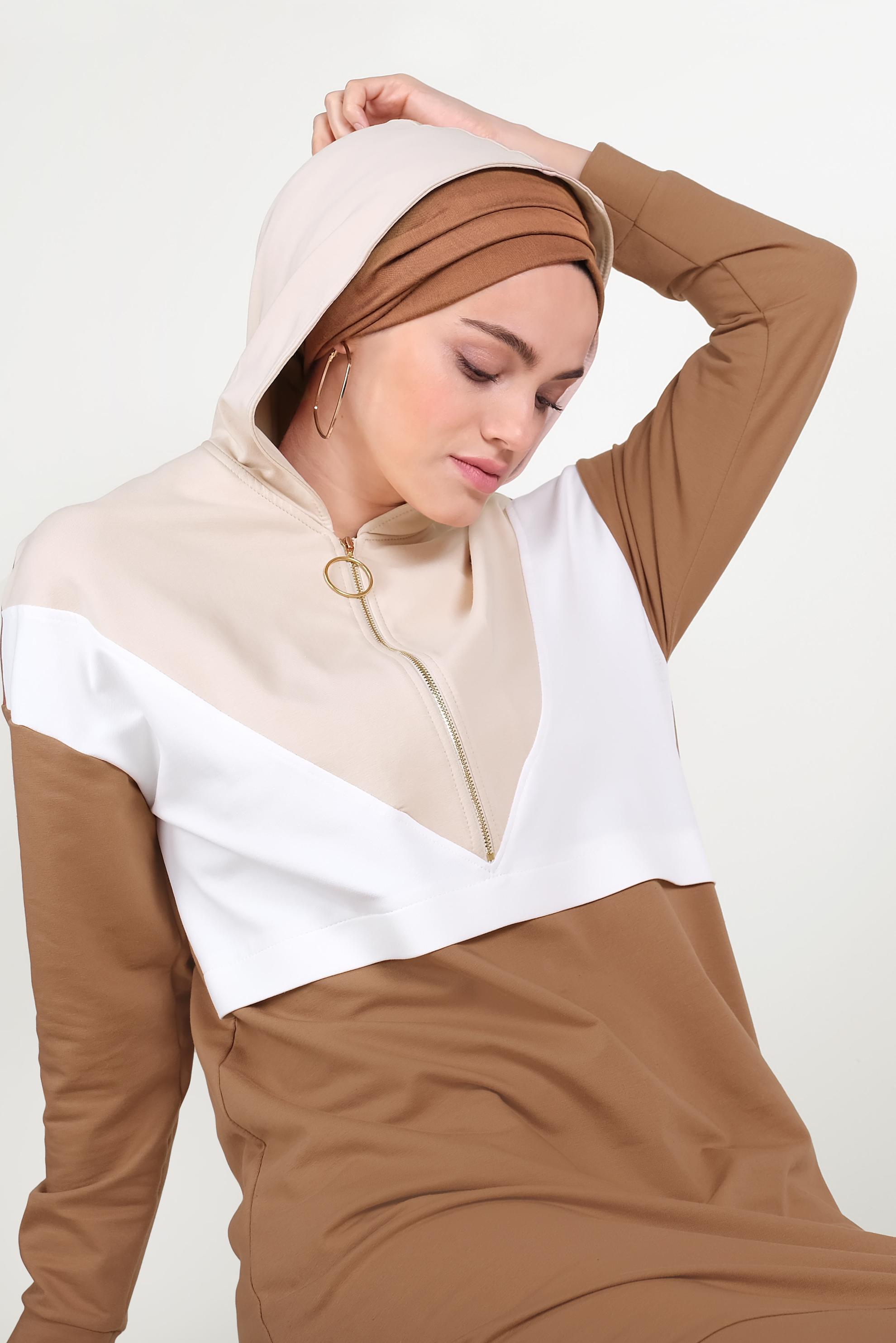 Tesettür giyim TABA 3 RENKLİ FERMUARLI EŞOFMAN TUNİK 40489