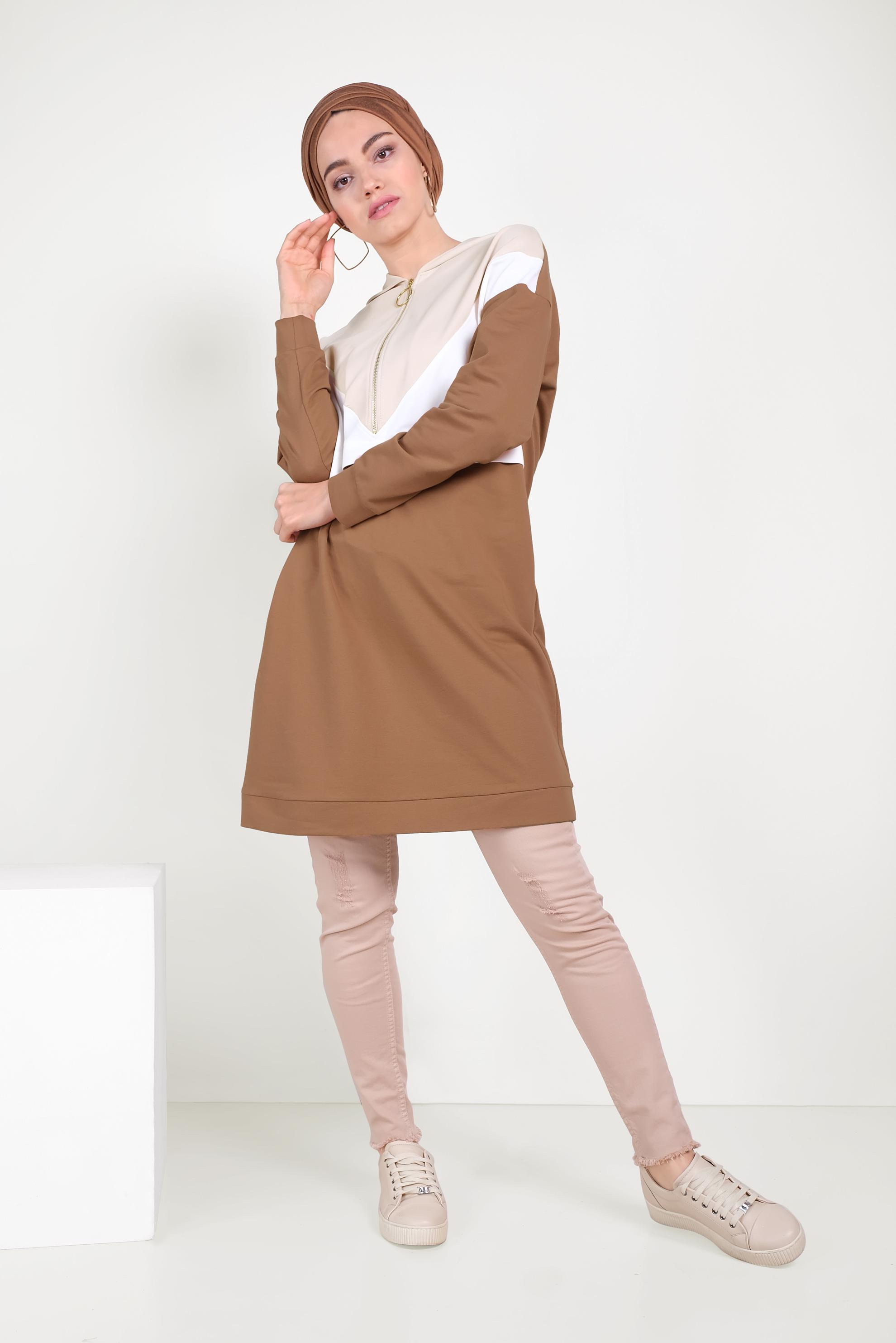 Tesettür giyim TABA 3 RENKLİ FERMUARLI EŞOFMAN TUNİK 40489