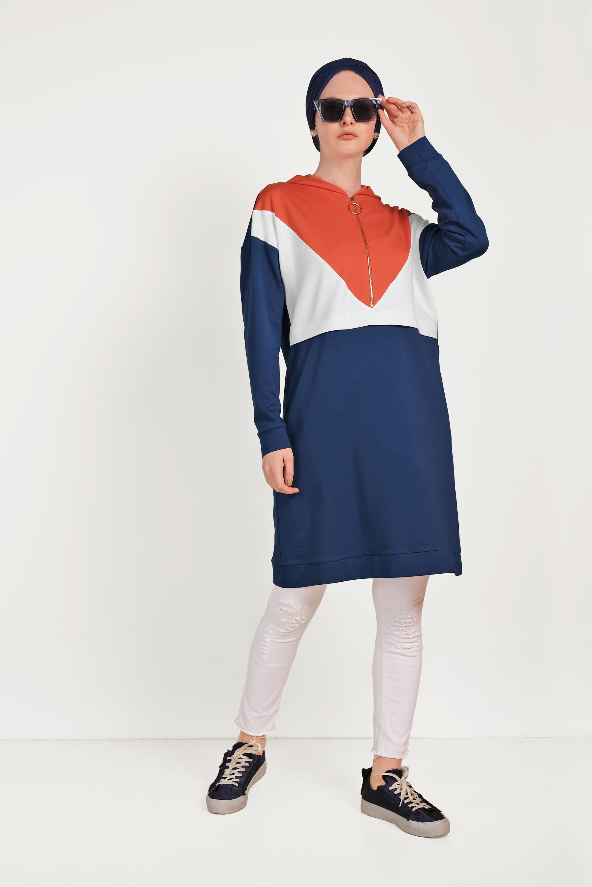 Tesettür giyim LACİVERT 3 RENKLİ FERMUARLI EŞOFMAN TUNİK 40489