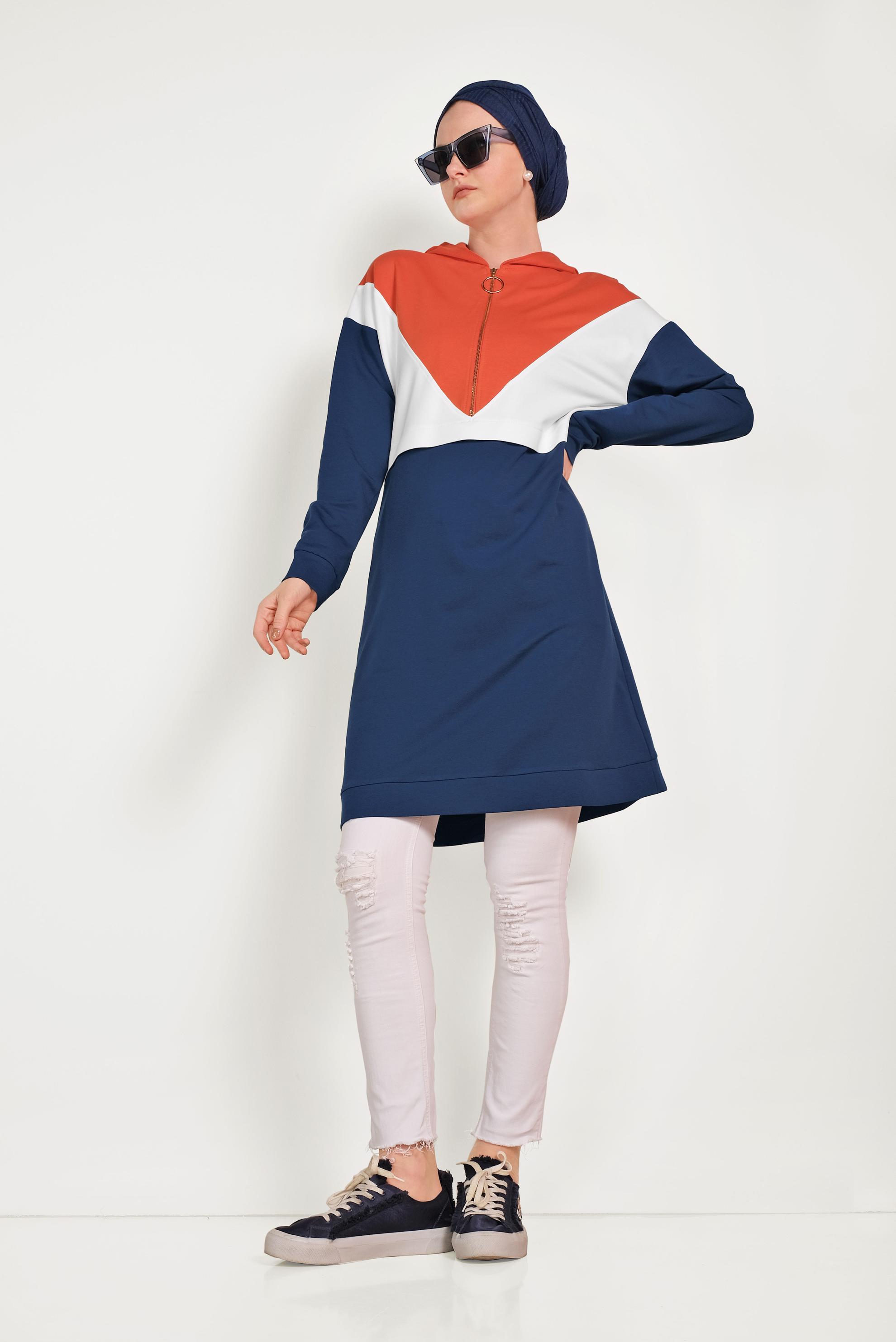 Tesettür giyim LACİVERT 3 RENKLİ FERMUARLI EŞOFMAN TUNİK 40489