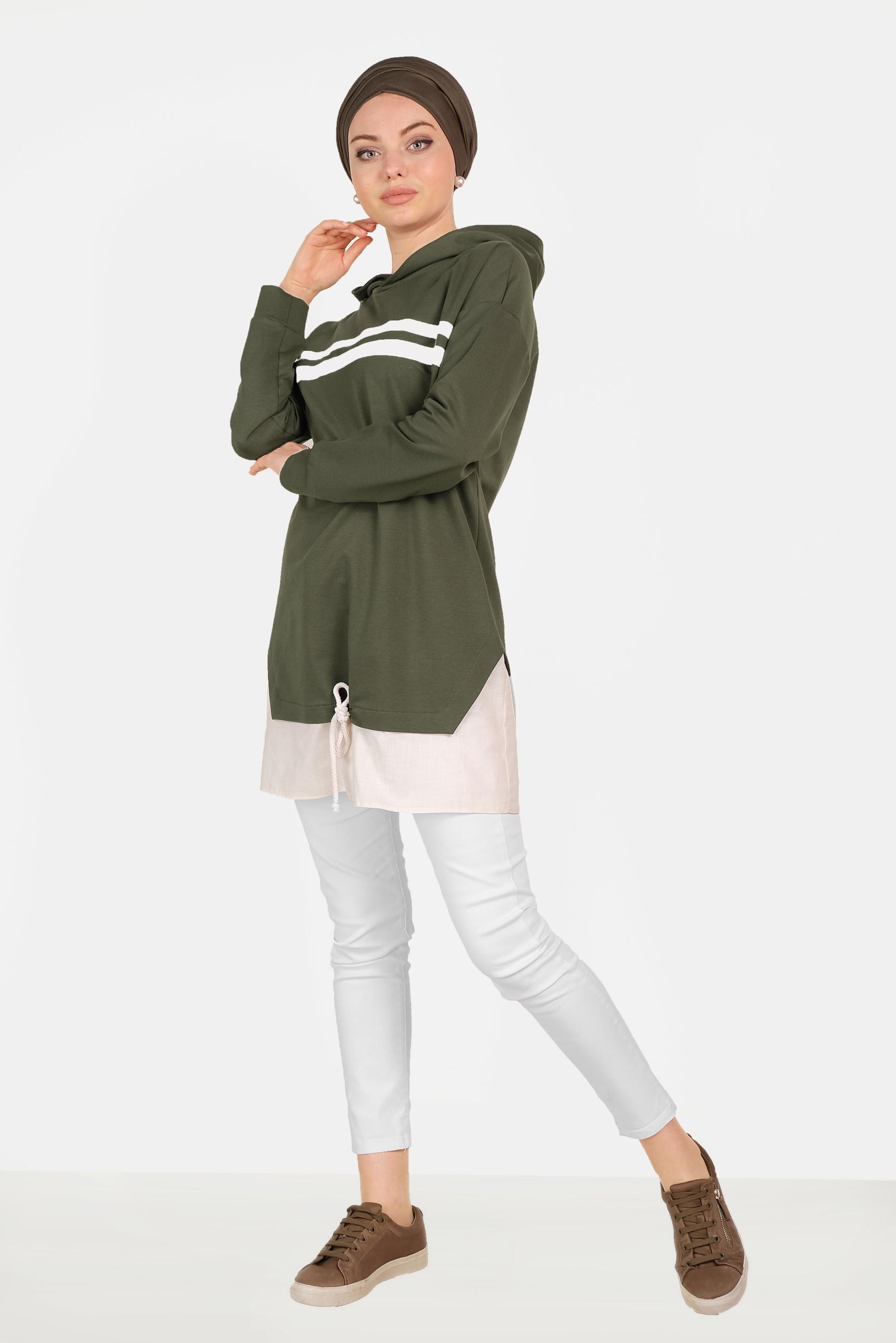 Tesettür giyim HAKİ ETEK UCU BAĞCIKLI EŞOFMAN TUNİK 40490