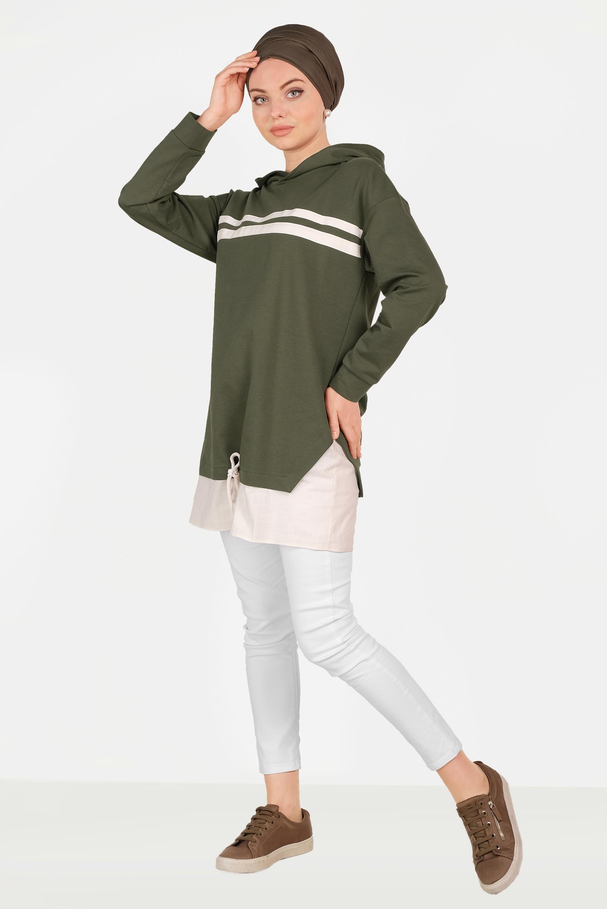 Tesettür giyim HAKİ ETEK UCU BAĞCIKLI EŞOFMAN TUNİK 40490