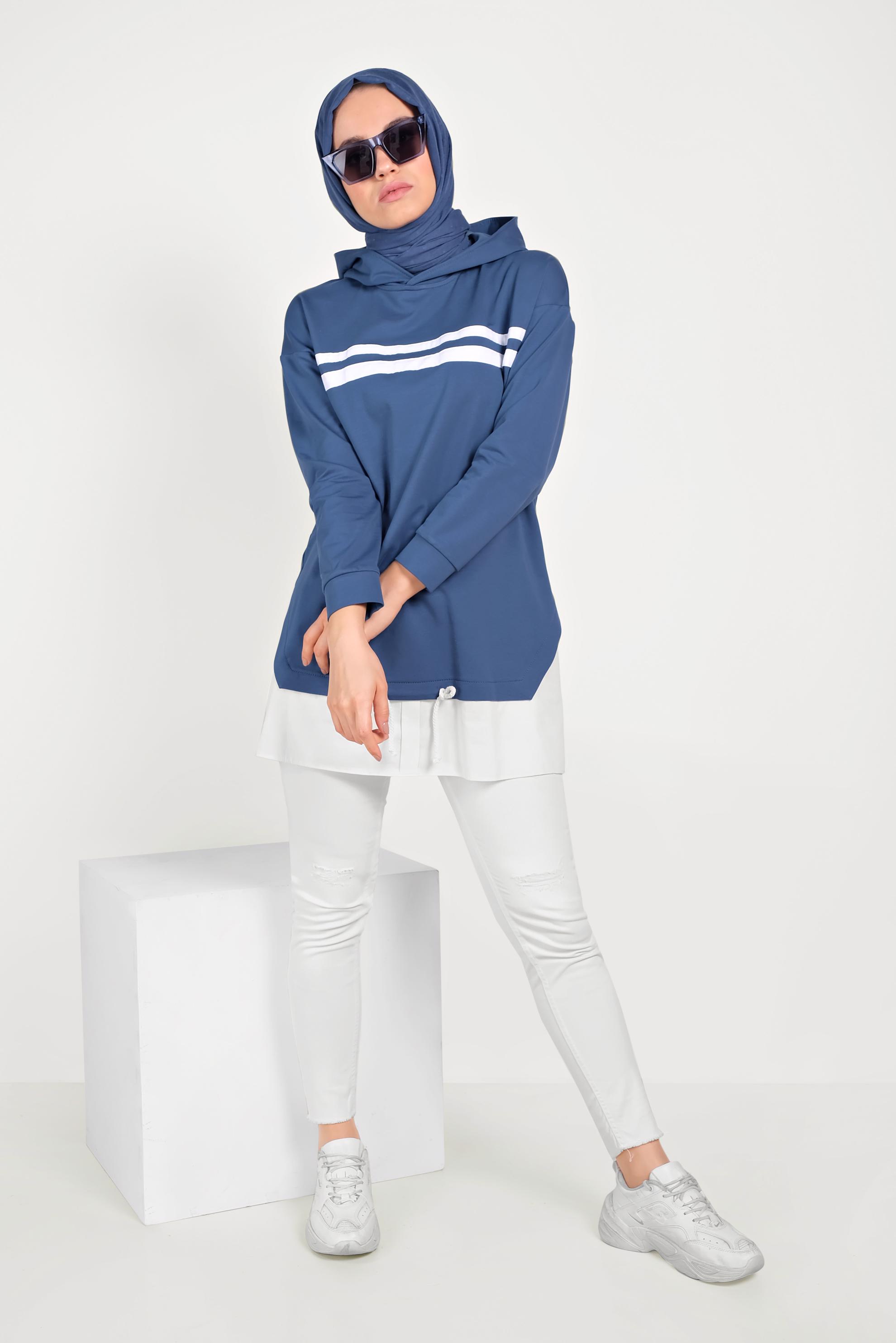 Tesettür giyim LACİVERT ETEK UCU BAĞCIKLI EŞOFMAN TUNİK 40490