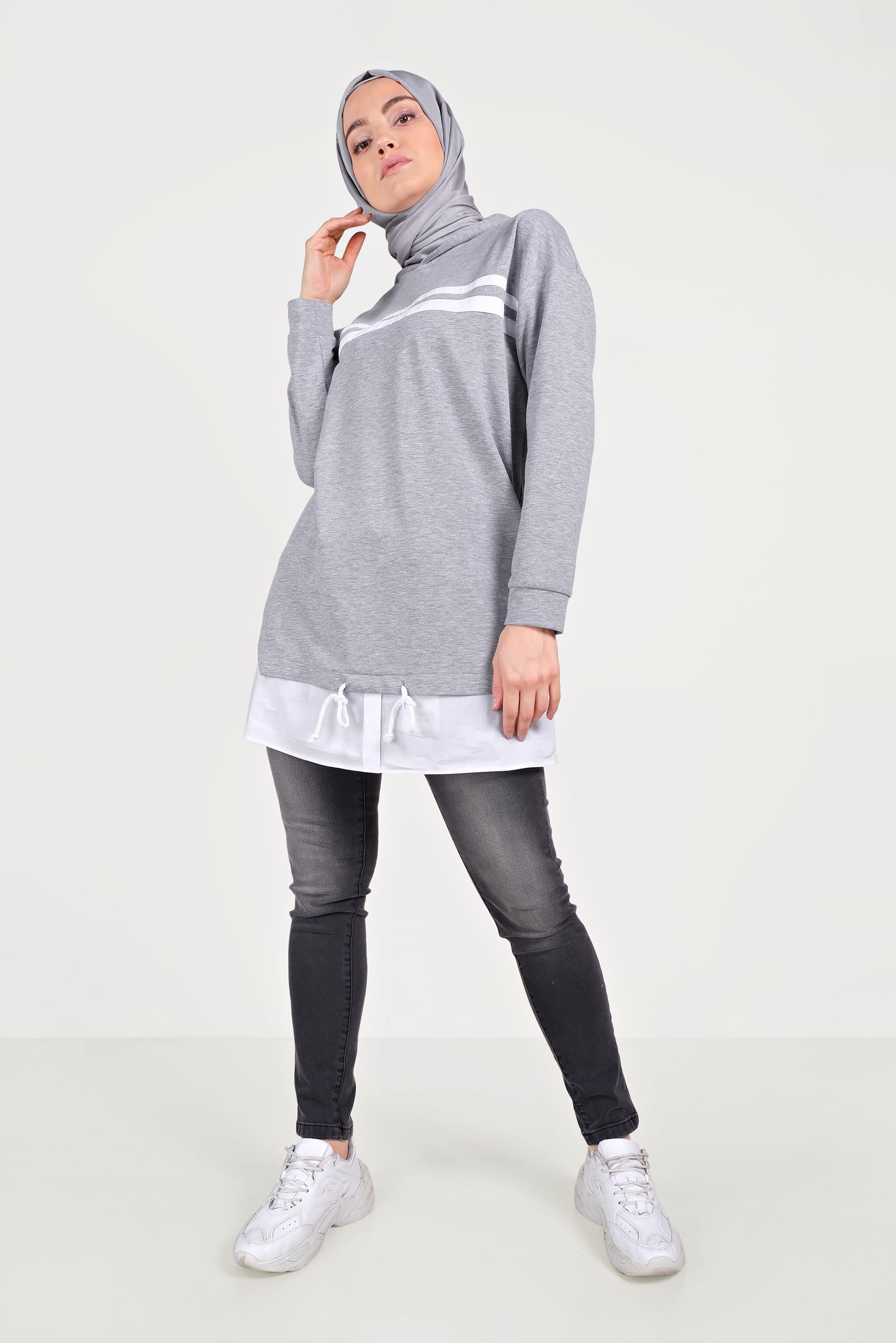 Tesettür giyim GRİ ETEK UCU BAĞCIKLI EŞOFMAN TUNİK 40490