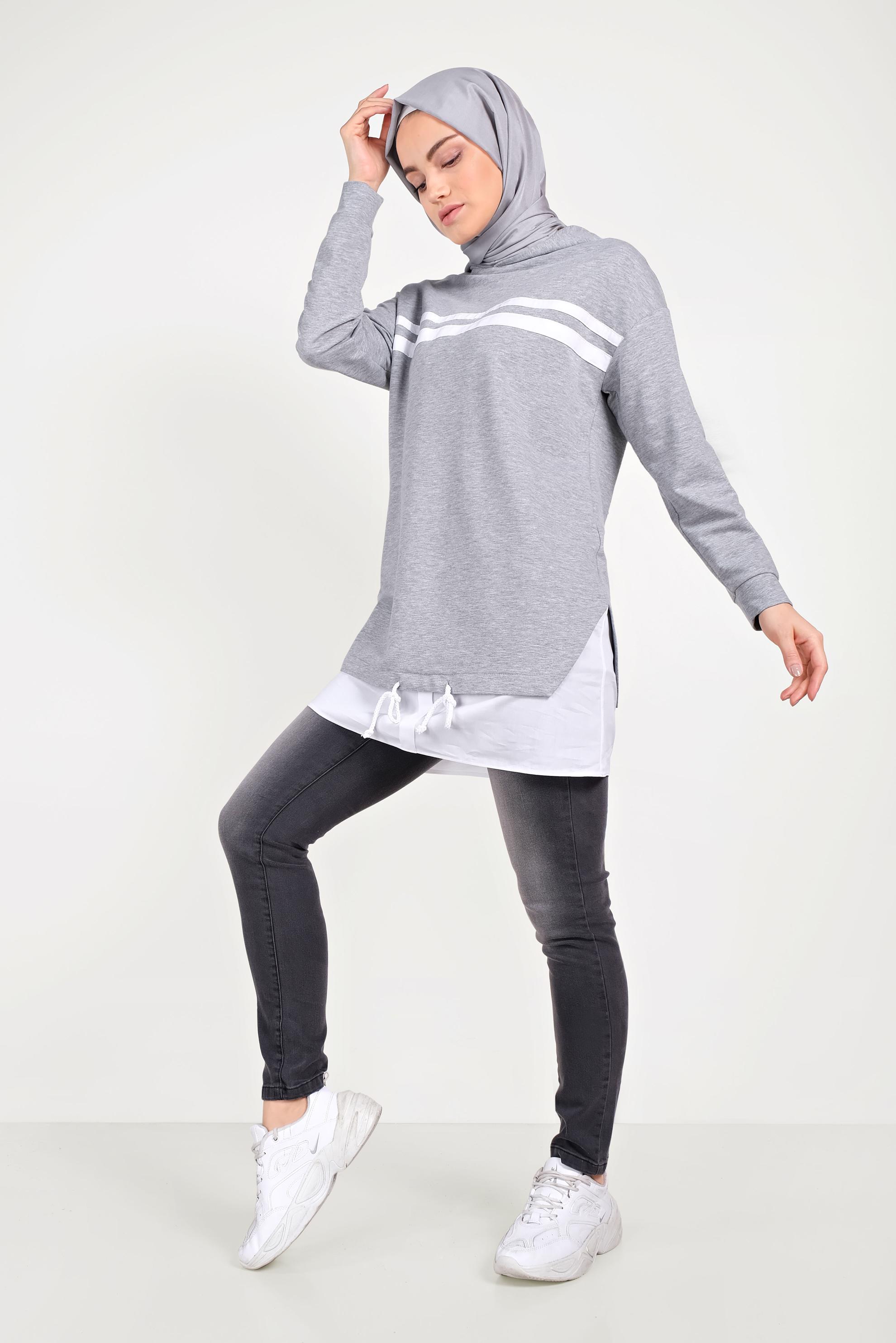 Tesettür giyim GRİ ETEK UCU BAĞCIKLI EŞOFMAN TUNİK 40490