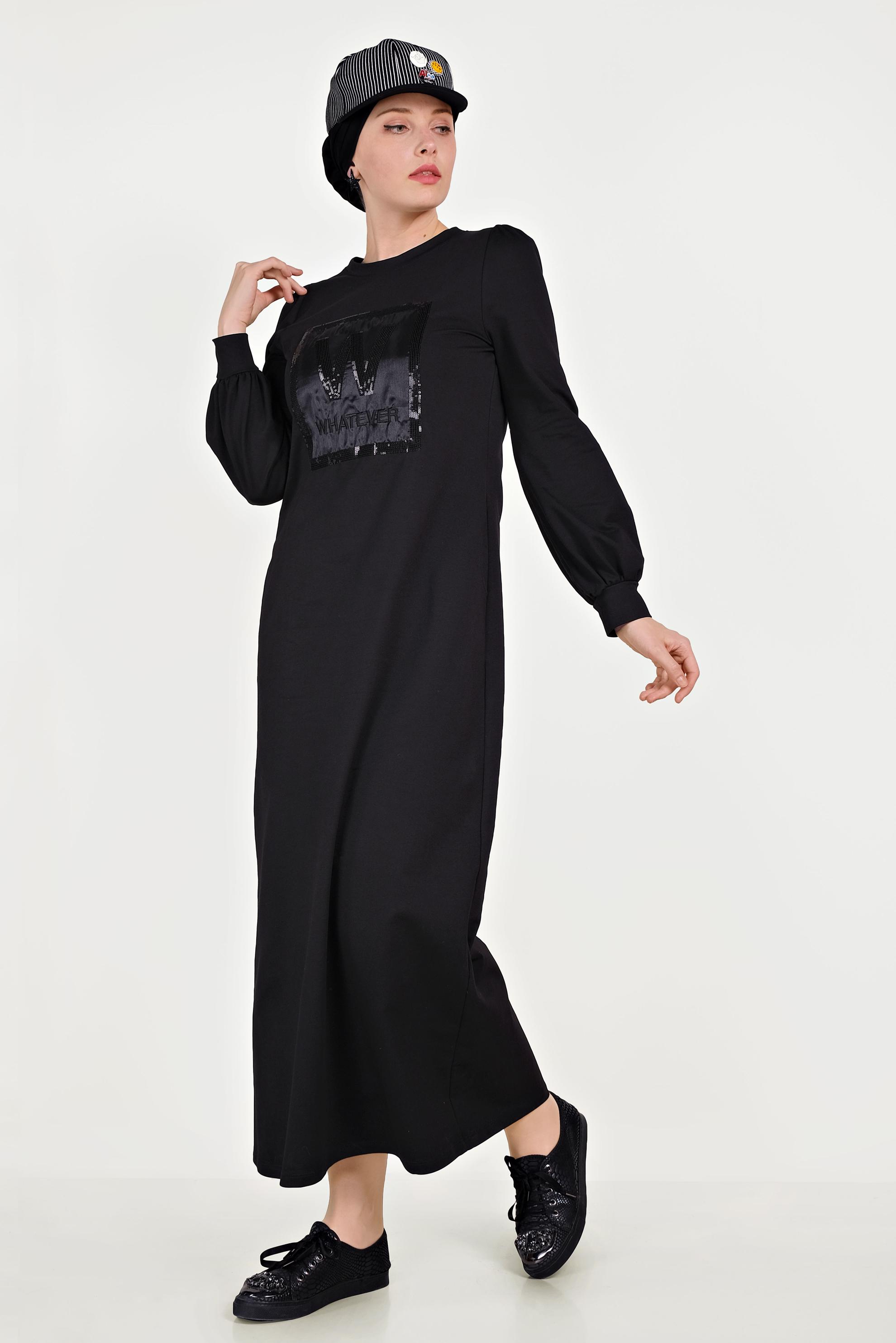 Tesettür giyim SİYAH PUL PAYETLİ EŞOFMAN ELBİSE 40526