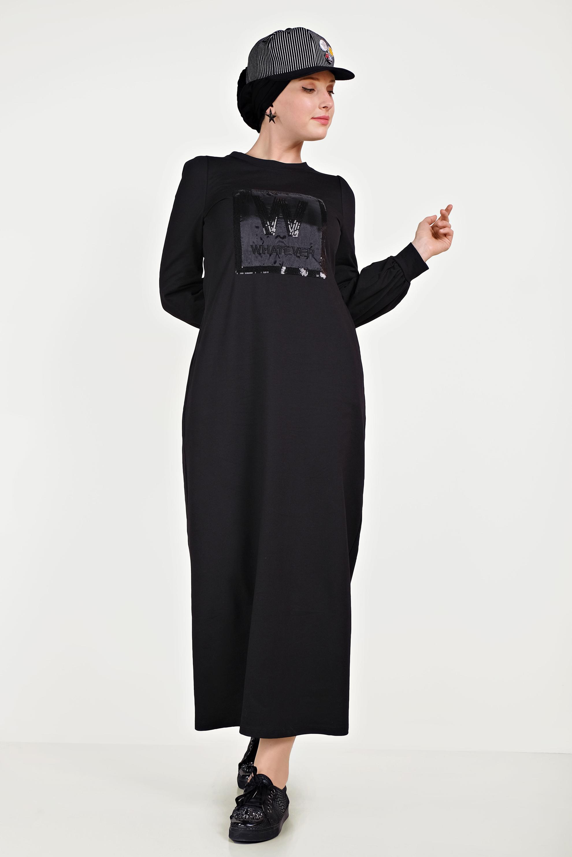 Tesettür giyim SİYAH PUL PAYETLİ EŞOFMAN ELBİSE 40526