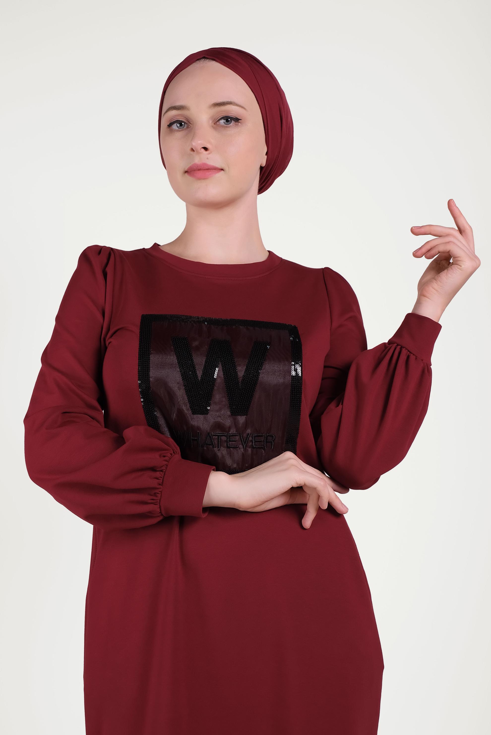 Tesettür giyim BORDO PUL PAYETLİ EŞOFMAN ELBİSE 40526