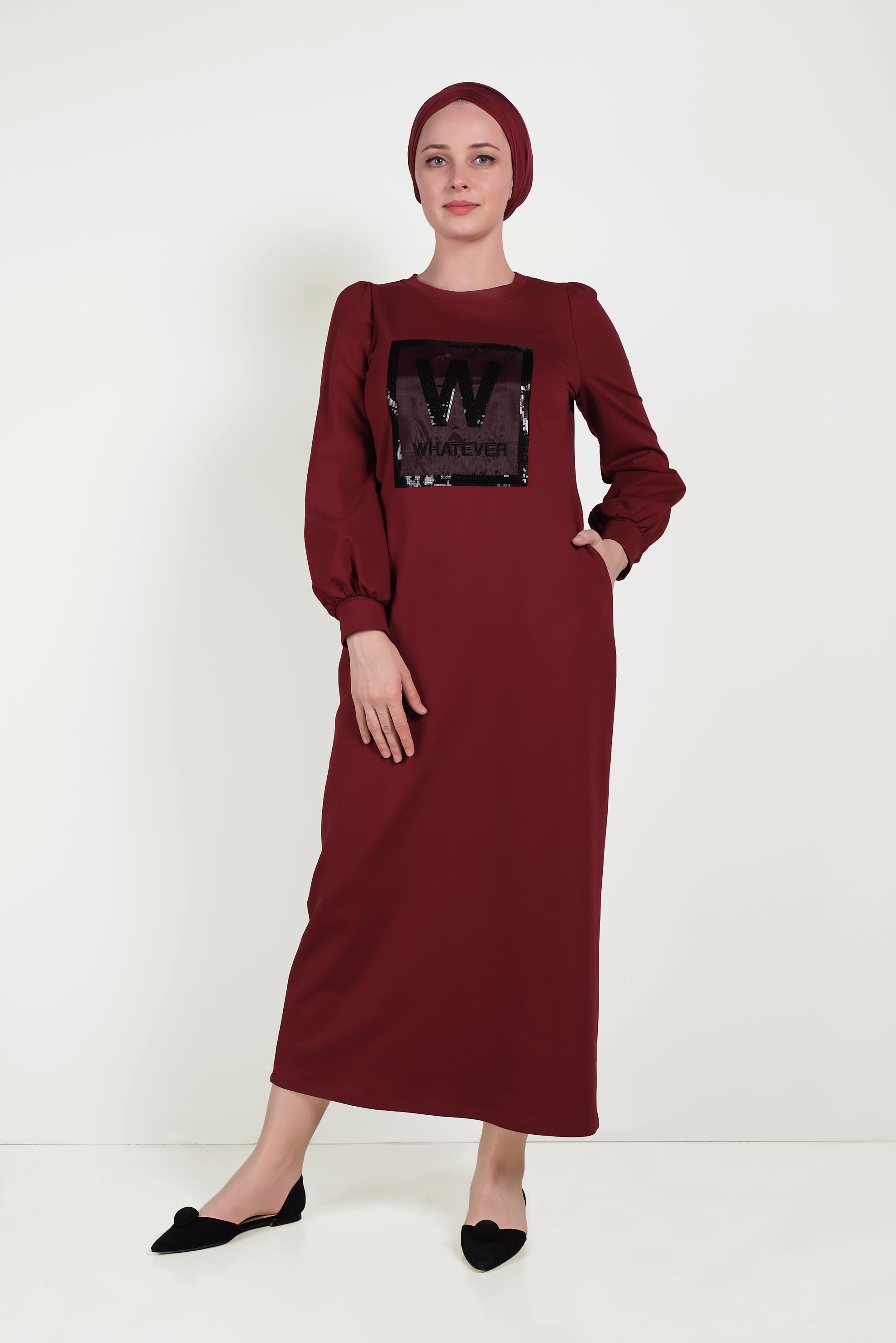 Tesettür giyim BORDO PUL PAYETLİ EŞOFMAN ELBİSE 40526