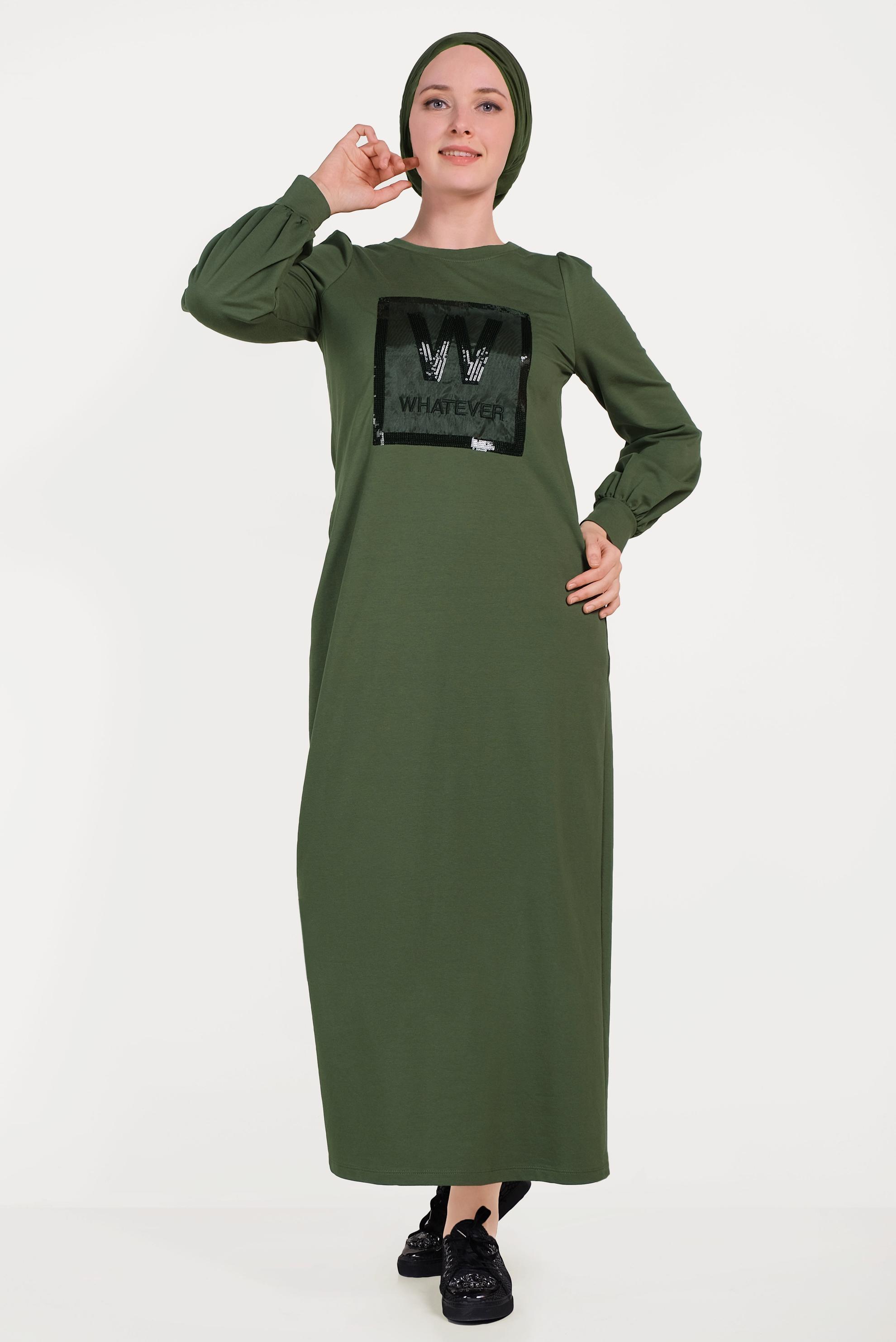 Tesettür giyim HAKİ PUL PAYETLİ EŞOFMAN ELBİSE 40526