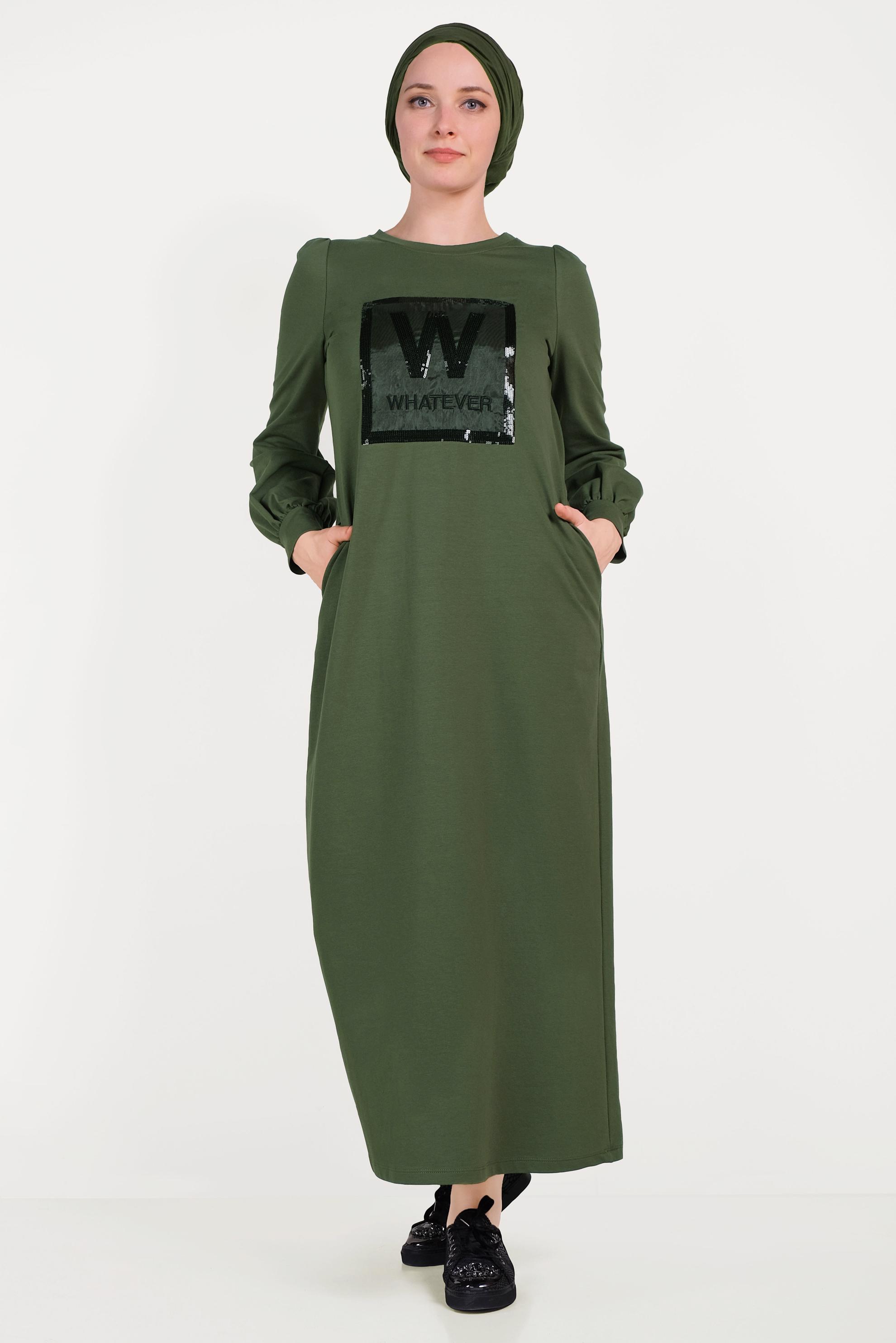 Tesettür giyim HAKİ PUL PAYETLİ EŞOFMAN ELBİSE 40526