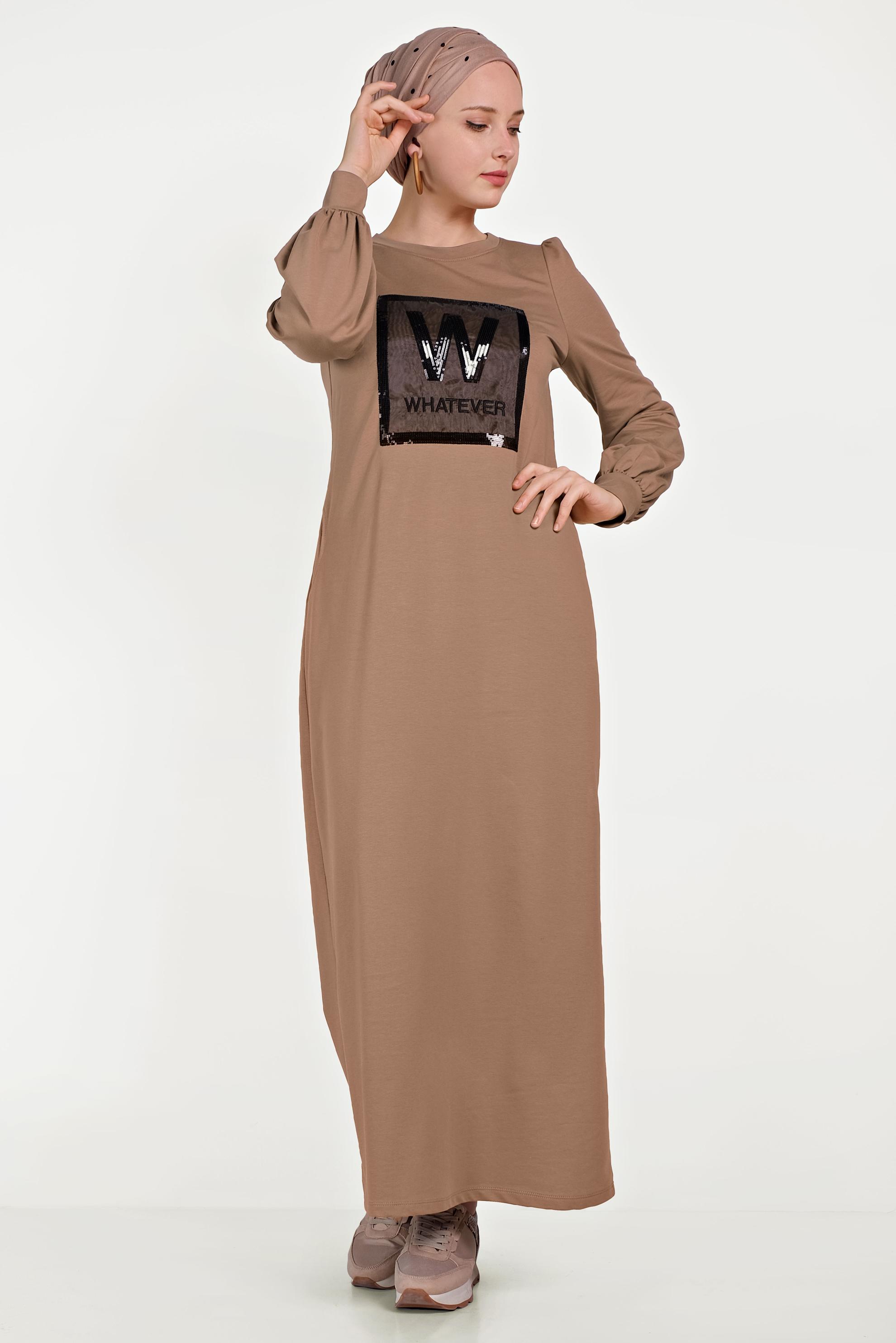 Tesettür giyim KAHVE PUL PAYETLİ EŞOFMAN ELBİSE 40526