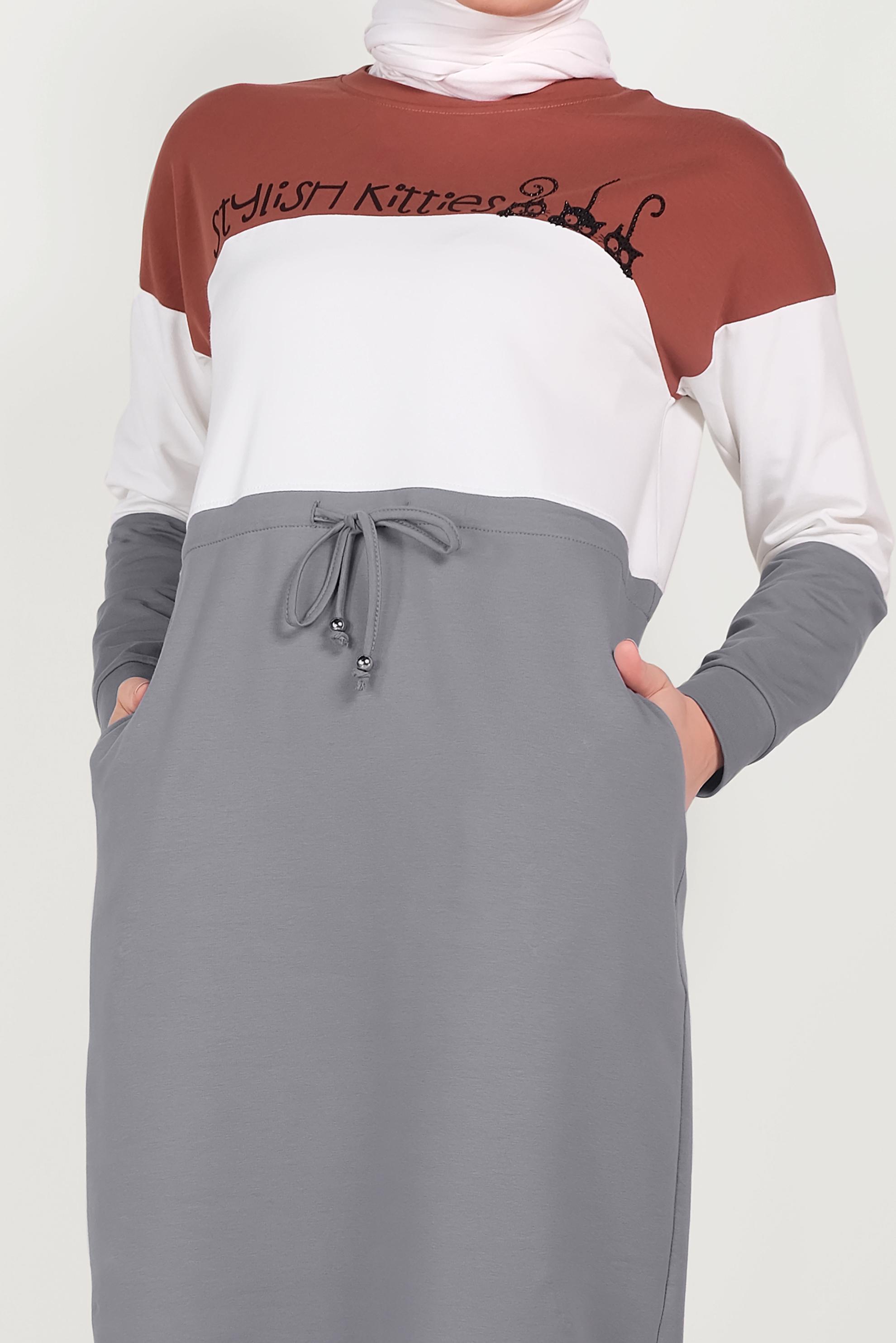 Tesettür giyim GRİ YAZI DETAYLI CEPLİ EŞOFMAN ELBİSE 40527