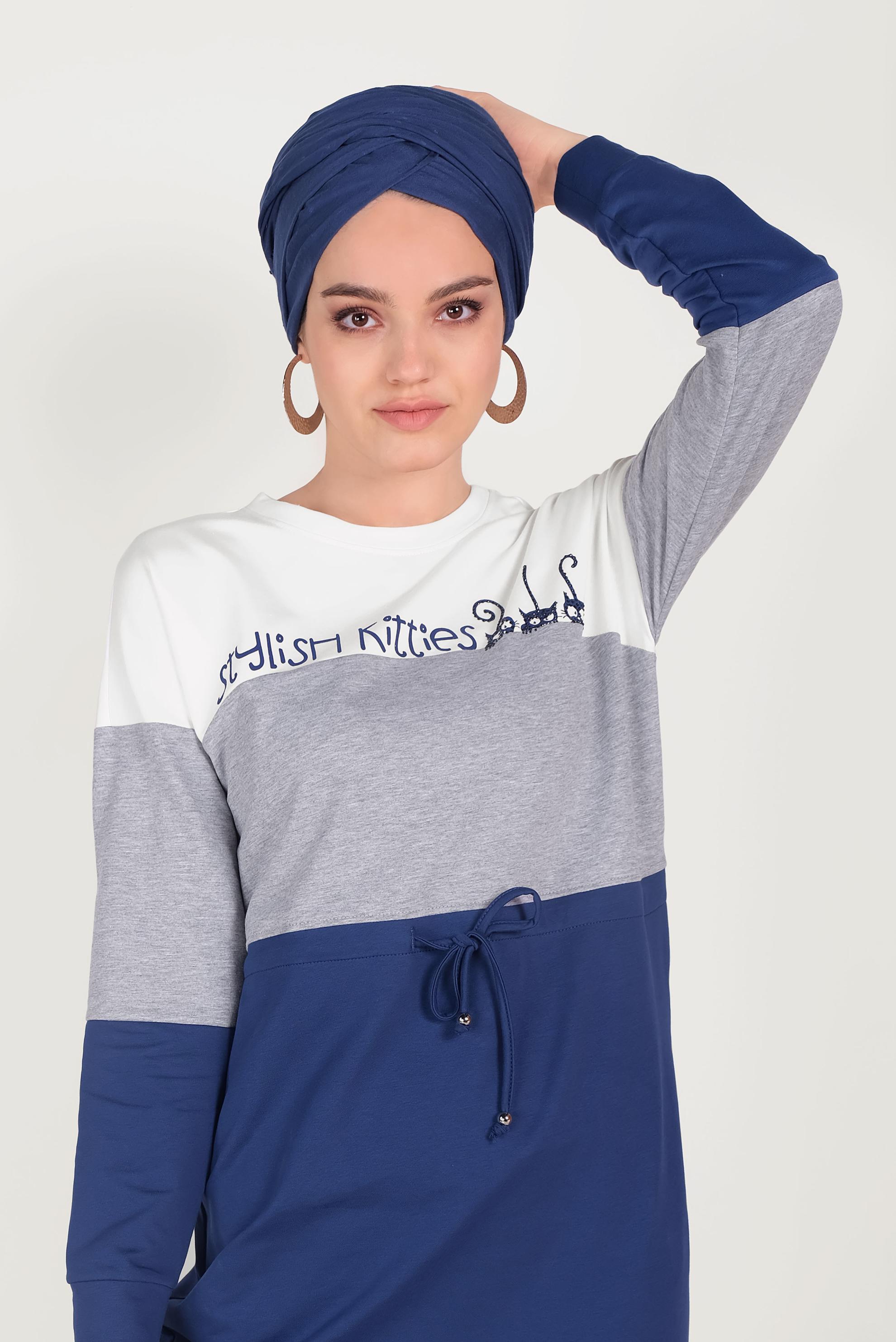 Tesettür giyim LACİVERT YAZI DETAYLI CEPLİ EŞOFMAN ELBİSE 40527