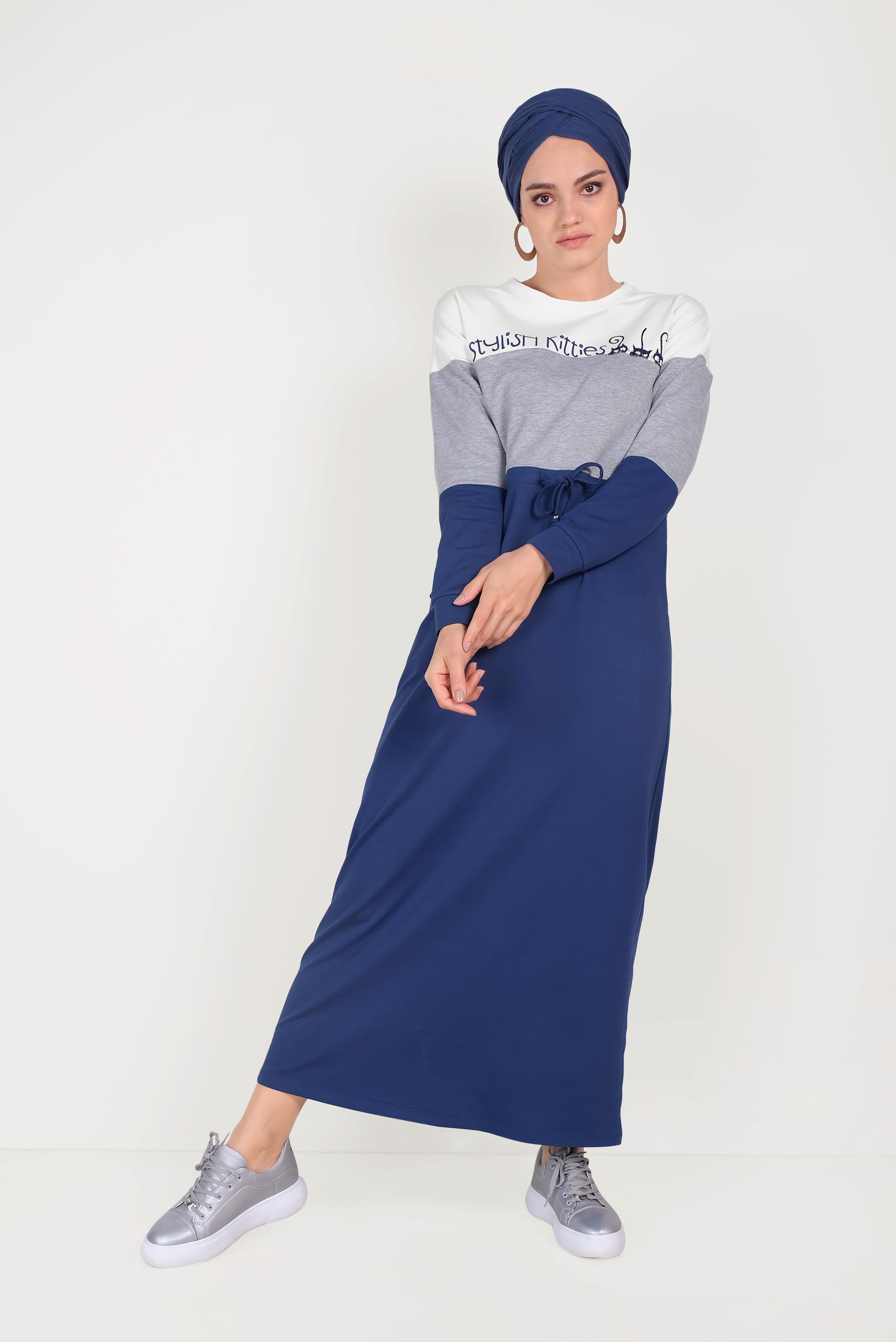 Tesettür giyim LACİVERT YAZI DETAYLI CEPLİ EŞOFMAN ELBİSE 40527