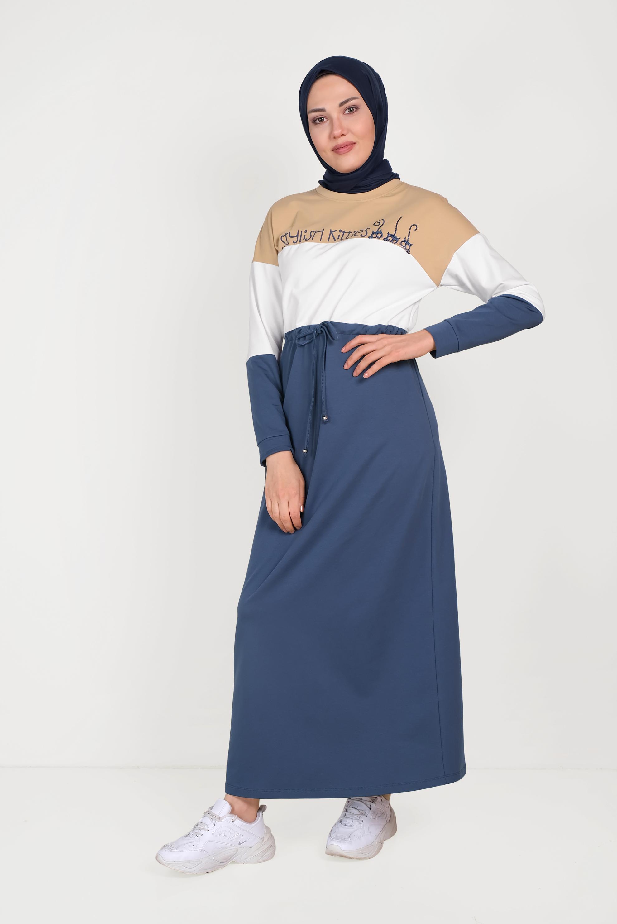 Tesettür giyim LACİVERT YAZI DETAYLI CEPLİ EŞOFMAN ELBİSE 40527