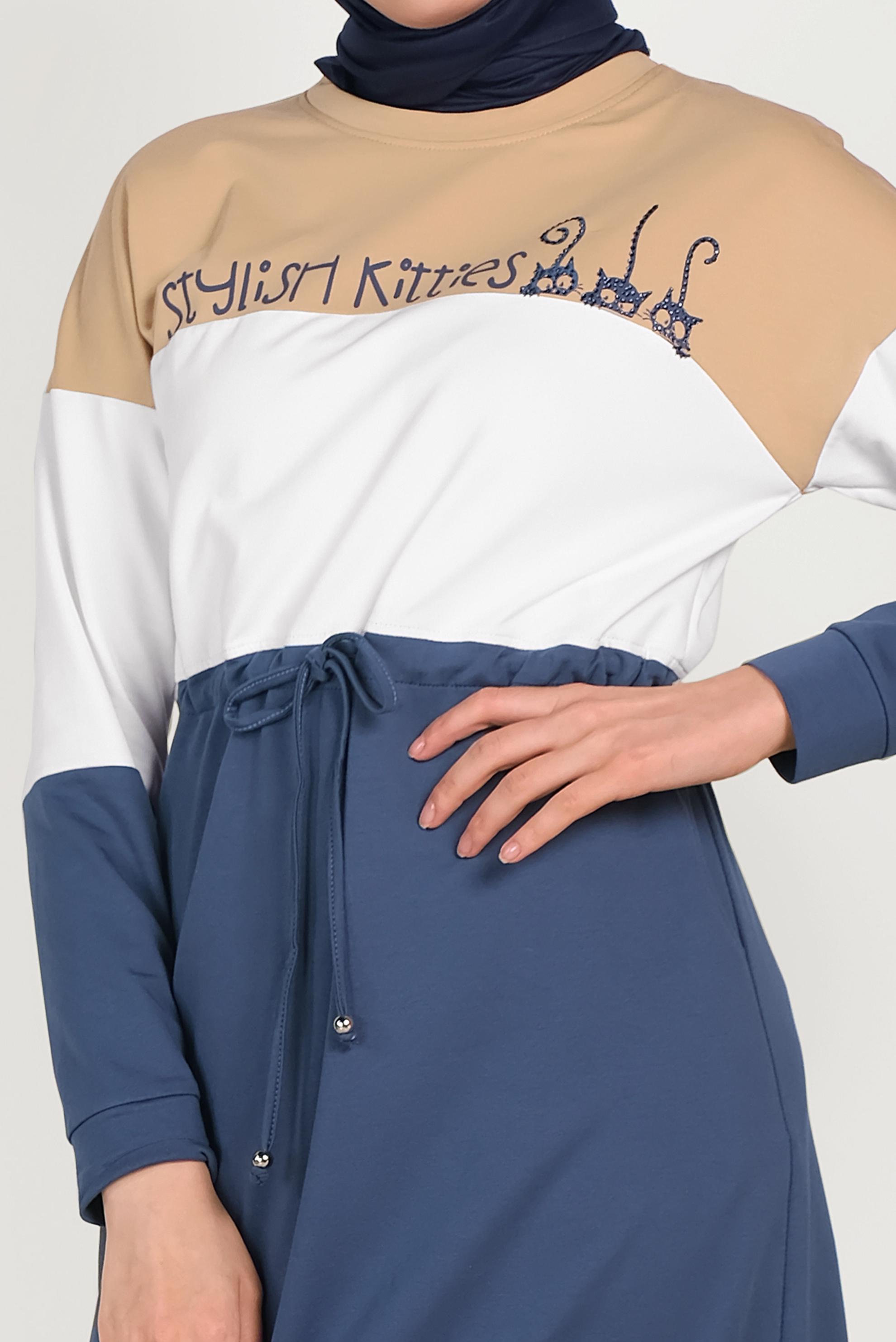 Tesettür giyim LACİVERT YAZI DETAYLI CEPLİ EŞOFMAN ELBİSE 40527