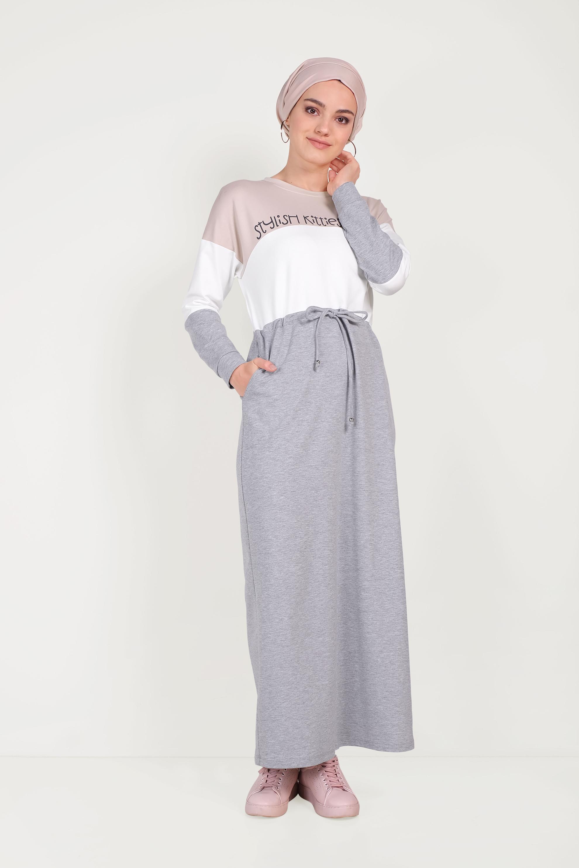 Tesettür giyim GRİ YAZI DETAYLI CEPLİ EŞOFMAN ELBİSE 40527