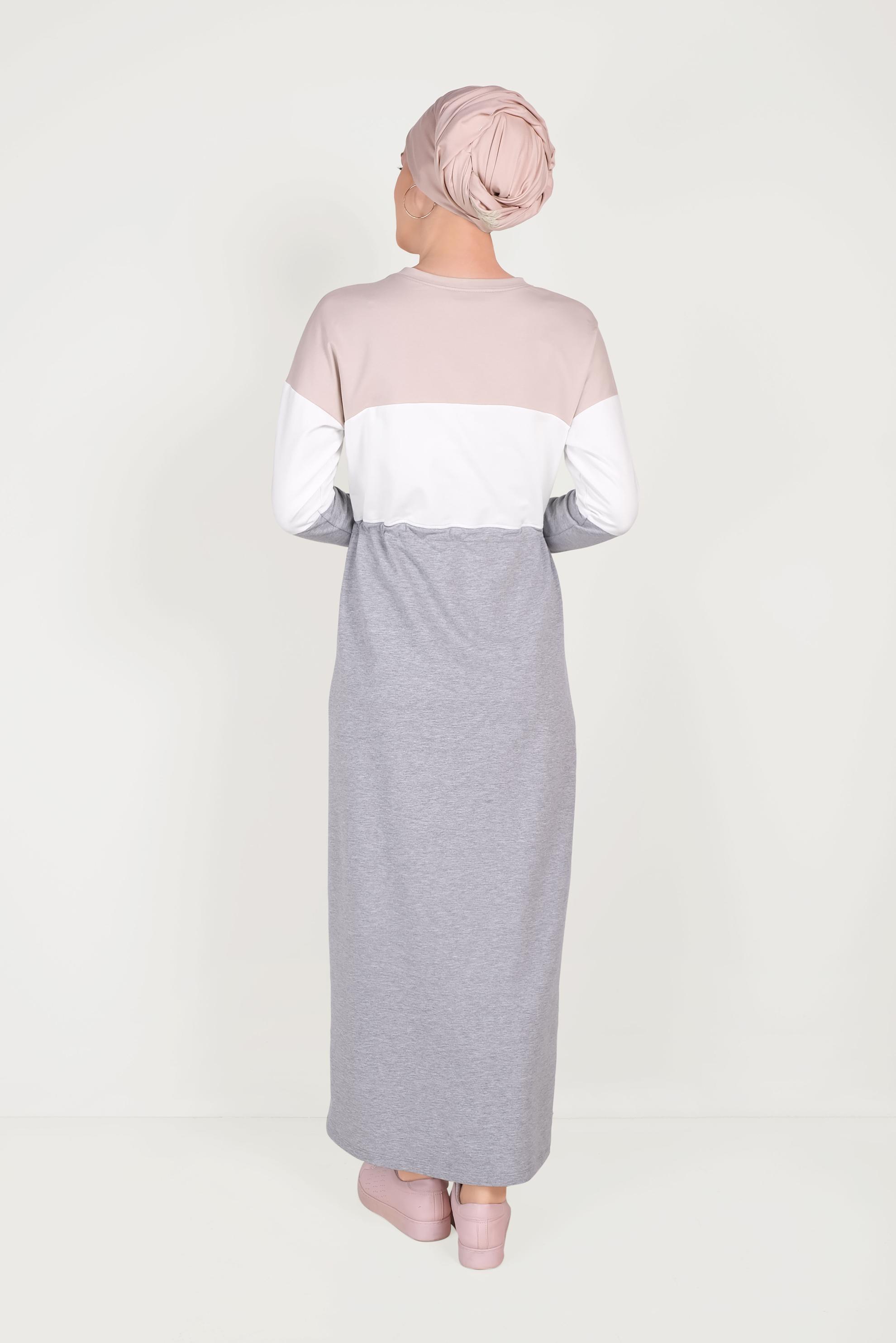 Tesettür giyim GRİ YAZI DETAYLI CEPLİ EŞOFMAN ELBİSE 40527