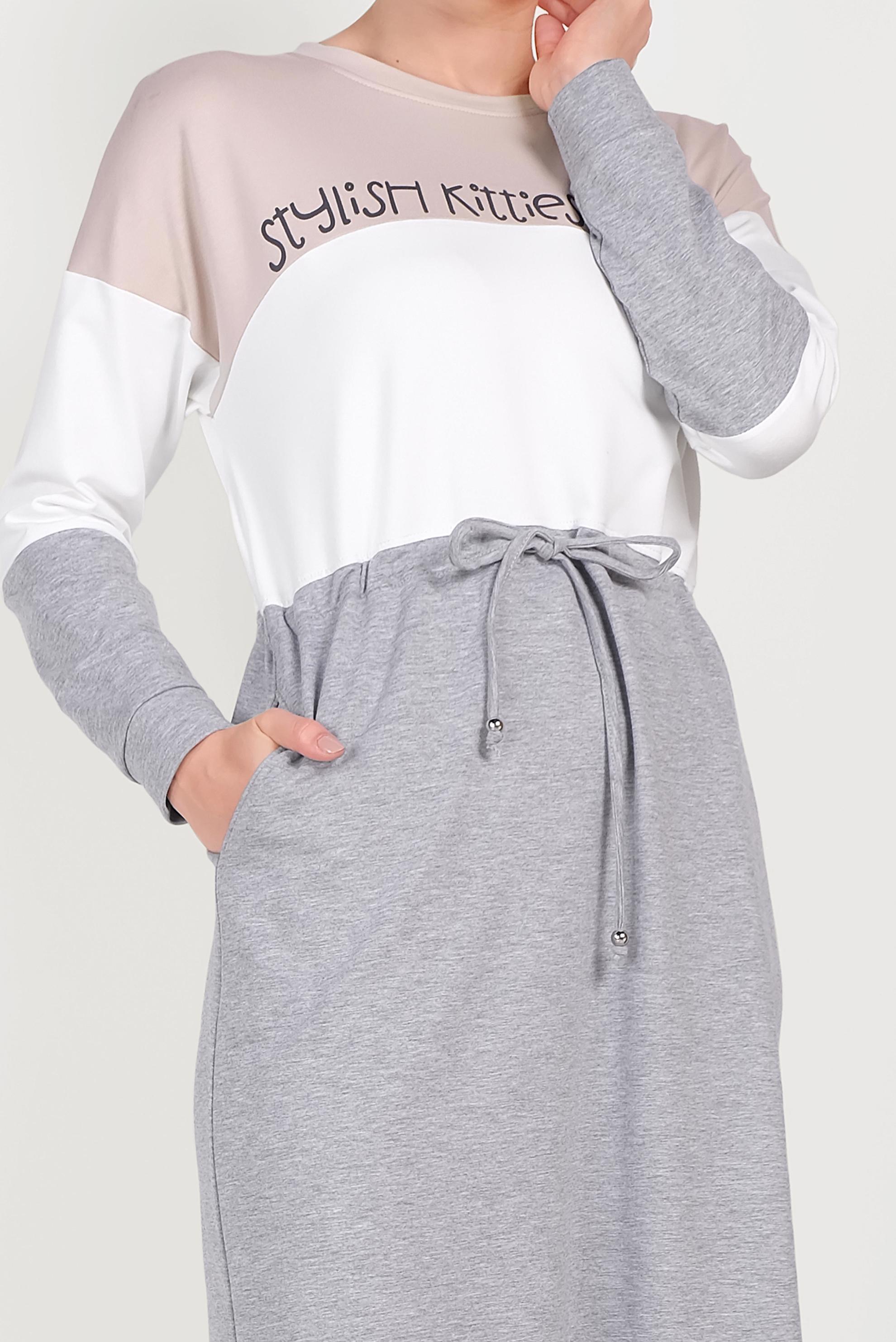 Tesettür giyim GRİ YAZI DETAYLI CEPLİ EŞOFMAN ELBİSE 40527