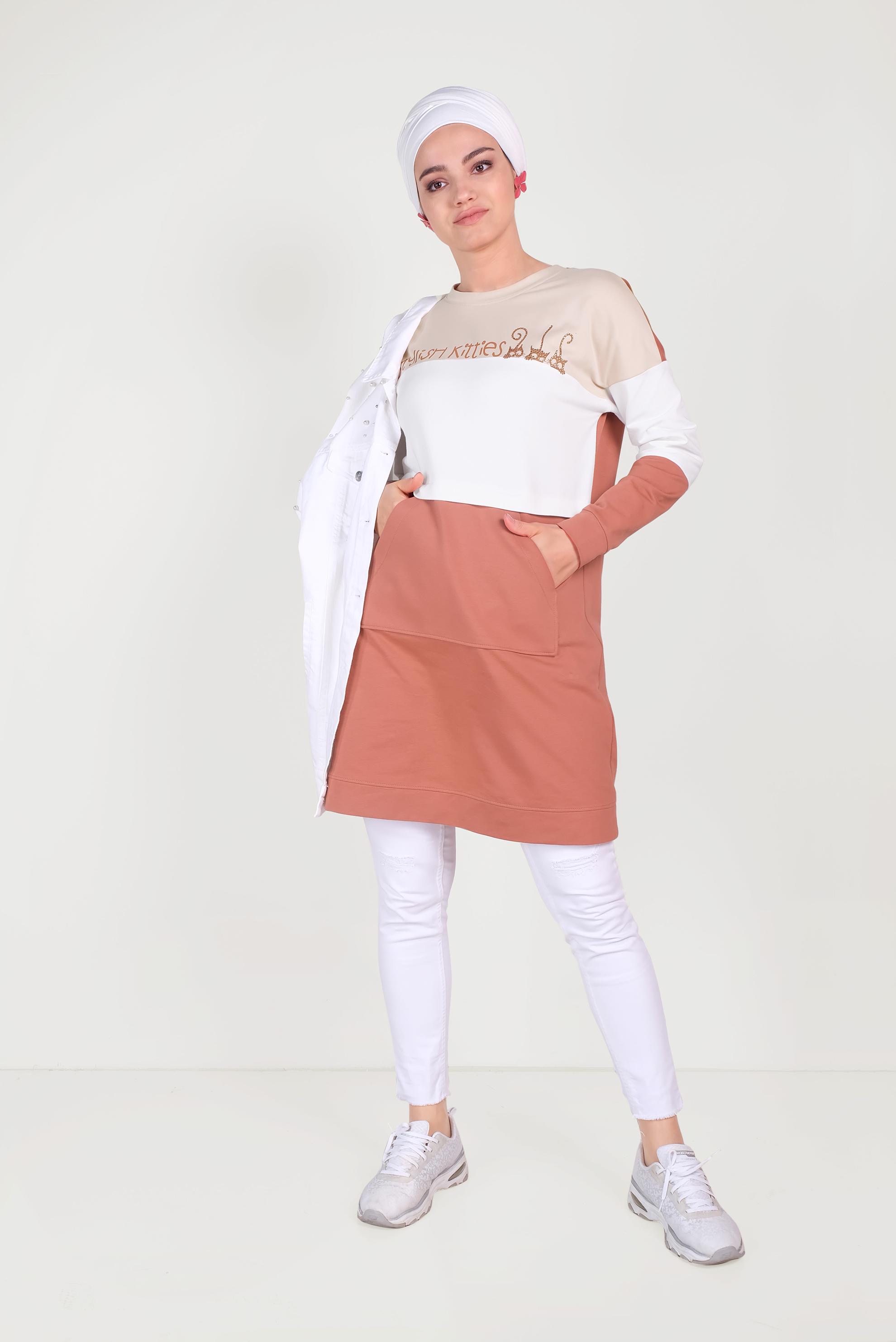 Tesettür giyim TURUNCU YAZI DETAYLI PAMUKLU EŞOFMAN TUNİK 40528