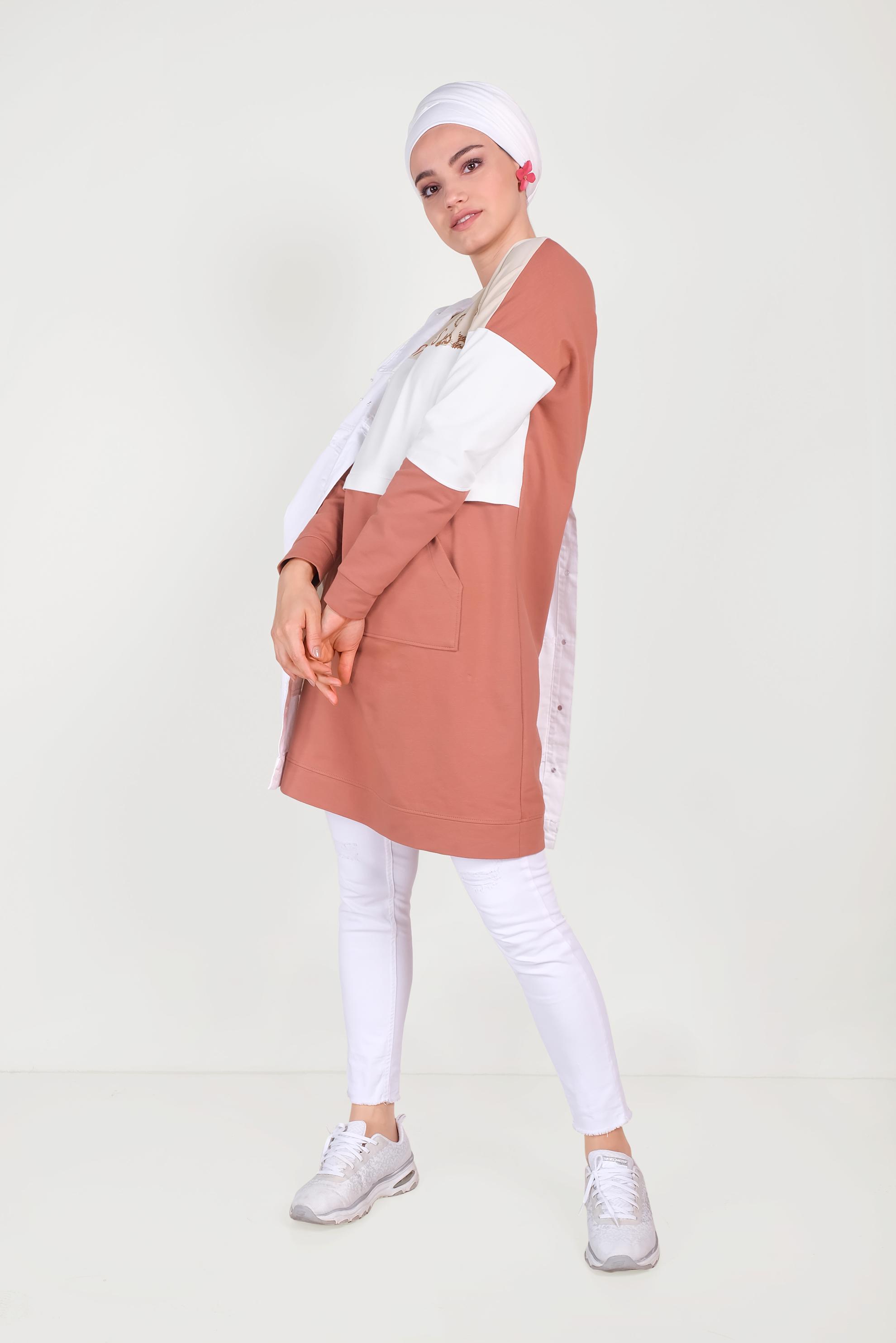 Tesettür giyim TURUNCU YAZI DETAYLI PAMUKLU EŞOFMAN TUNİK 40528