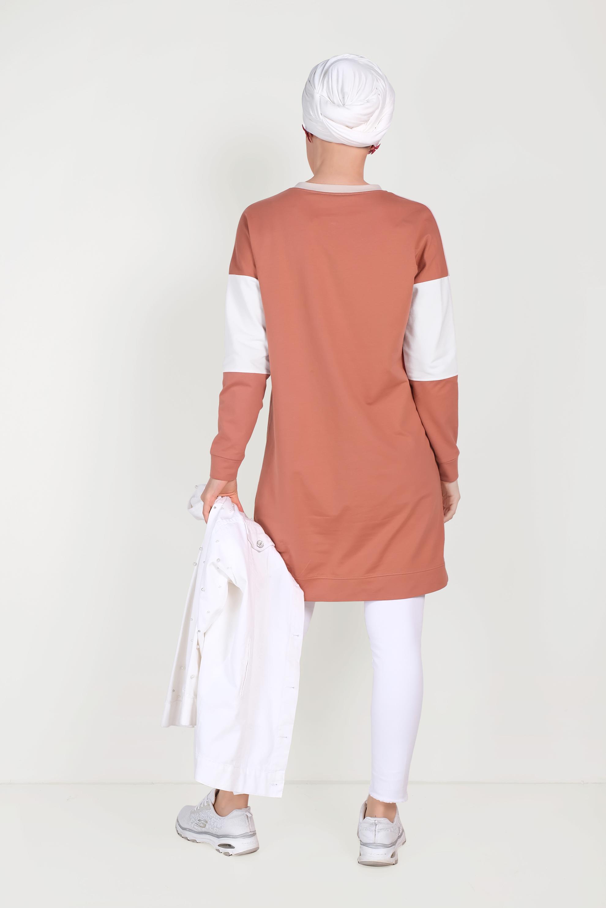 Tesettür giyim TURUNCU YAZI DETAYLI PAMUKLU EŞOFMAN TUNİK 40528