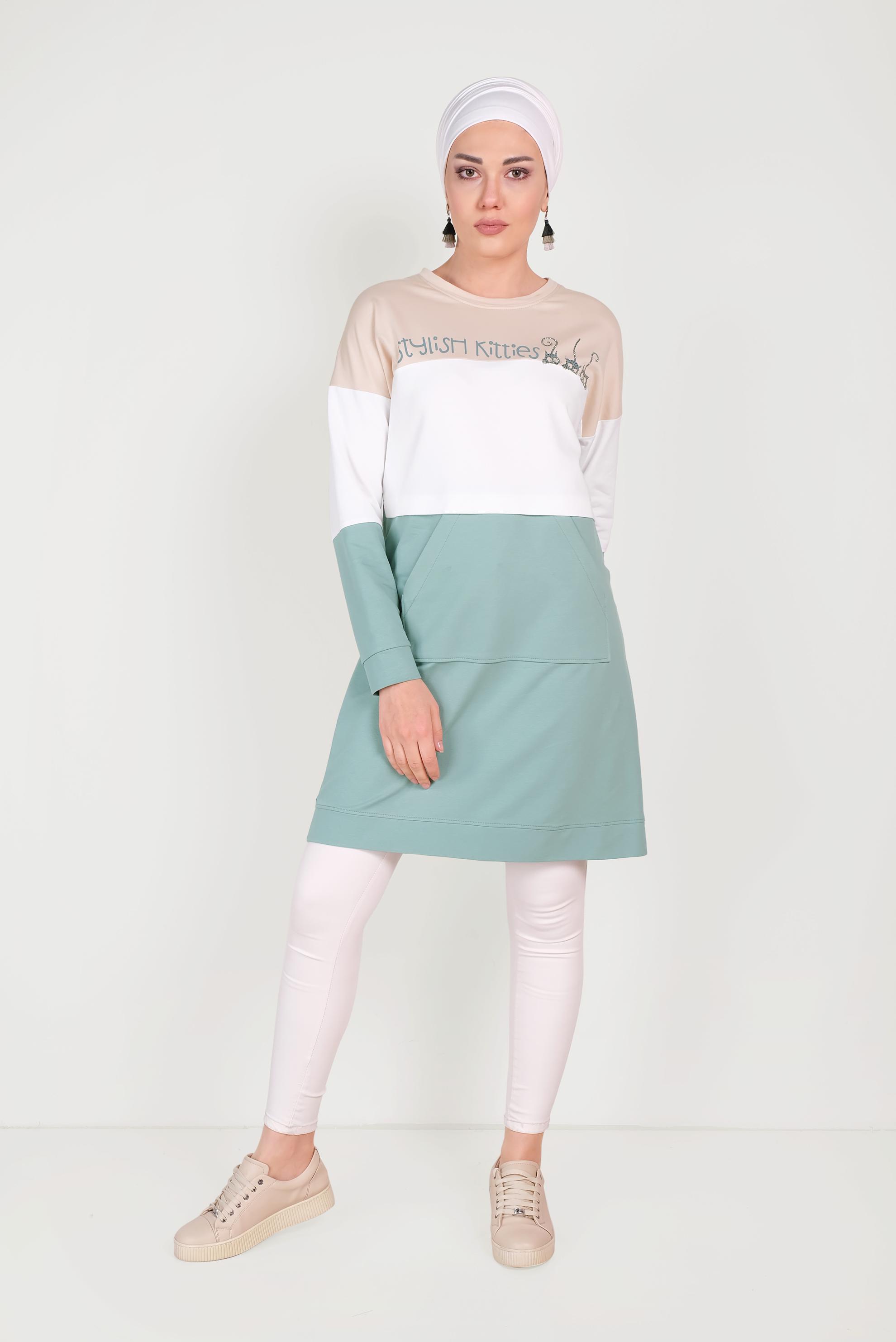 Tesettür giyim YEŞİL YAZI DETAYLI PAMUKLU EŞOFMAN TUNİK 40528