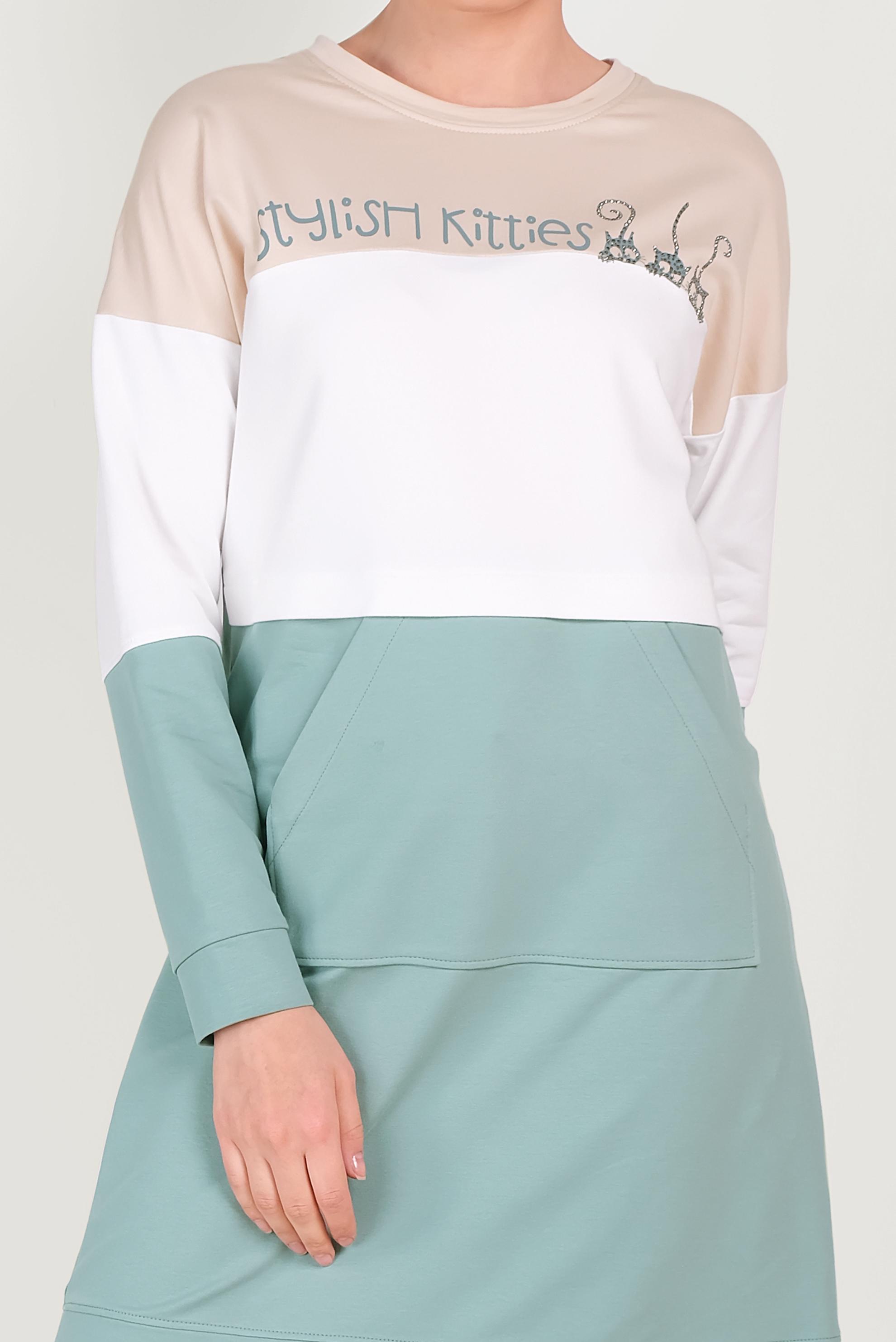 Tesettür giyim YEŞİL YAZI DETAYLI PAMUKLU EŞOFMAN TUNİK 40528