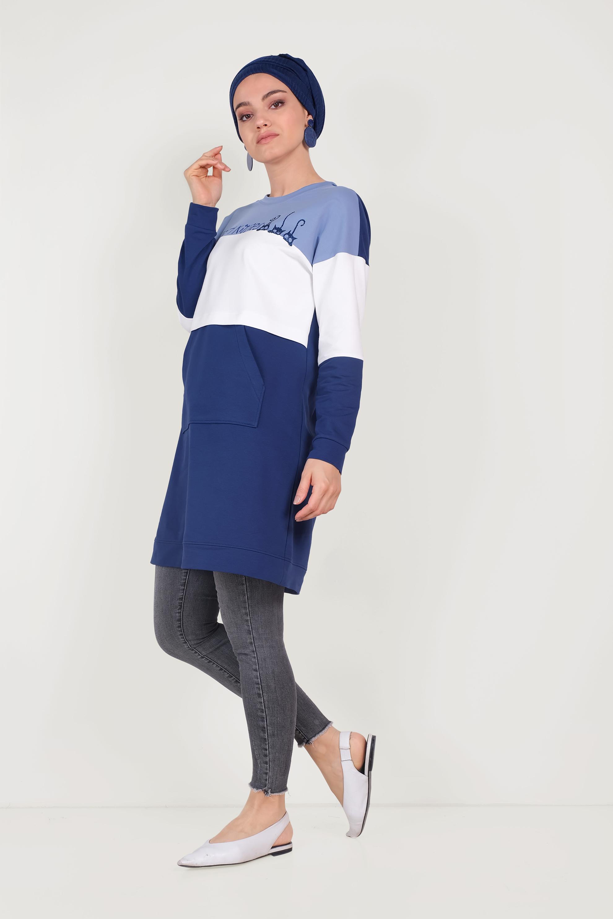 Tesettür giyim LACİVERT YAZI DETAYLI PAMUKLU EŞOFMAN TUNİK 40528