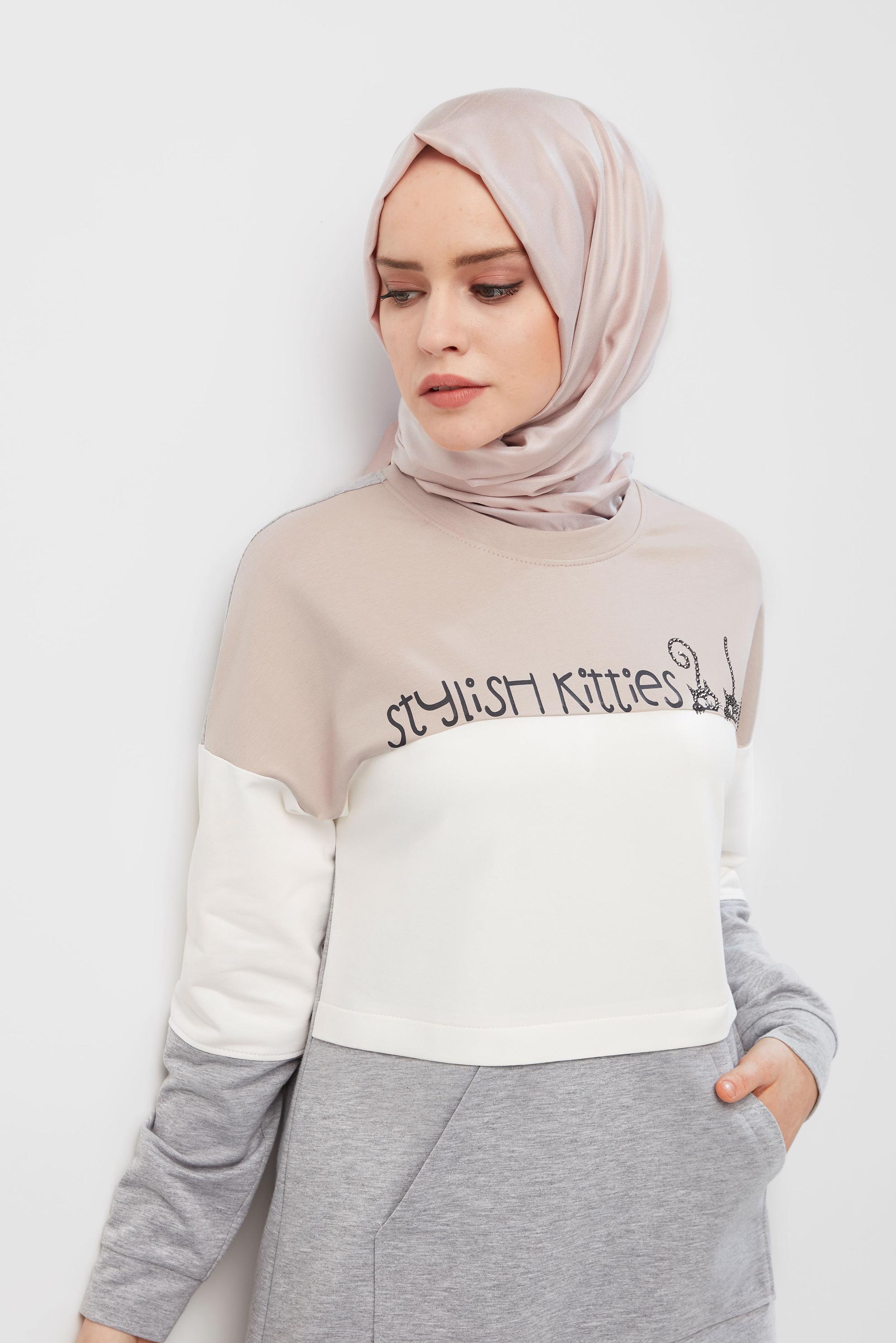 Tesettür giyim GRİ YAZI DETAYLI PAMUKLU EŞOFMAN TUNİK 40528