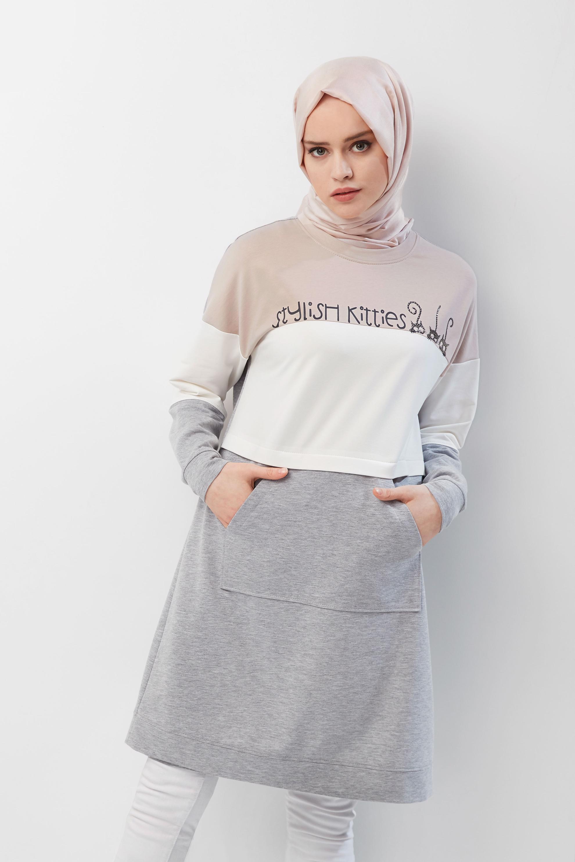 Tesettür giyim GRİ YAZI DETAYLI PAMUKLU EŞOFMAN TUNİK 40528